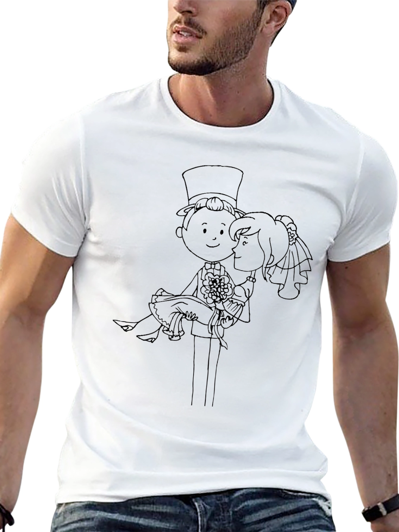 Black Cartoon Wedding Graphic Tee - Black Cotton Shirt view 13