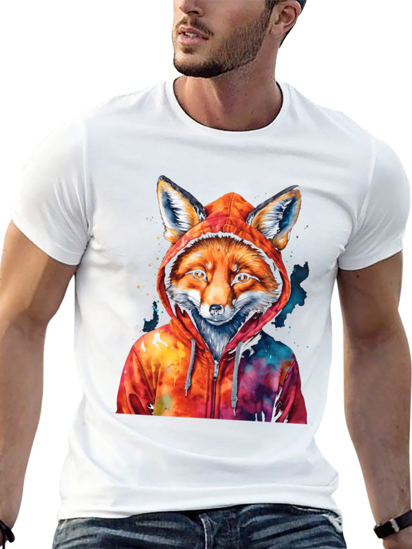 Fox in Hoodie Graphic T-Shirt - Cool Animal Tee - 13