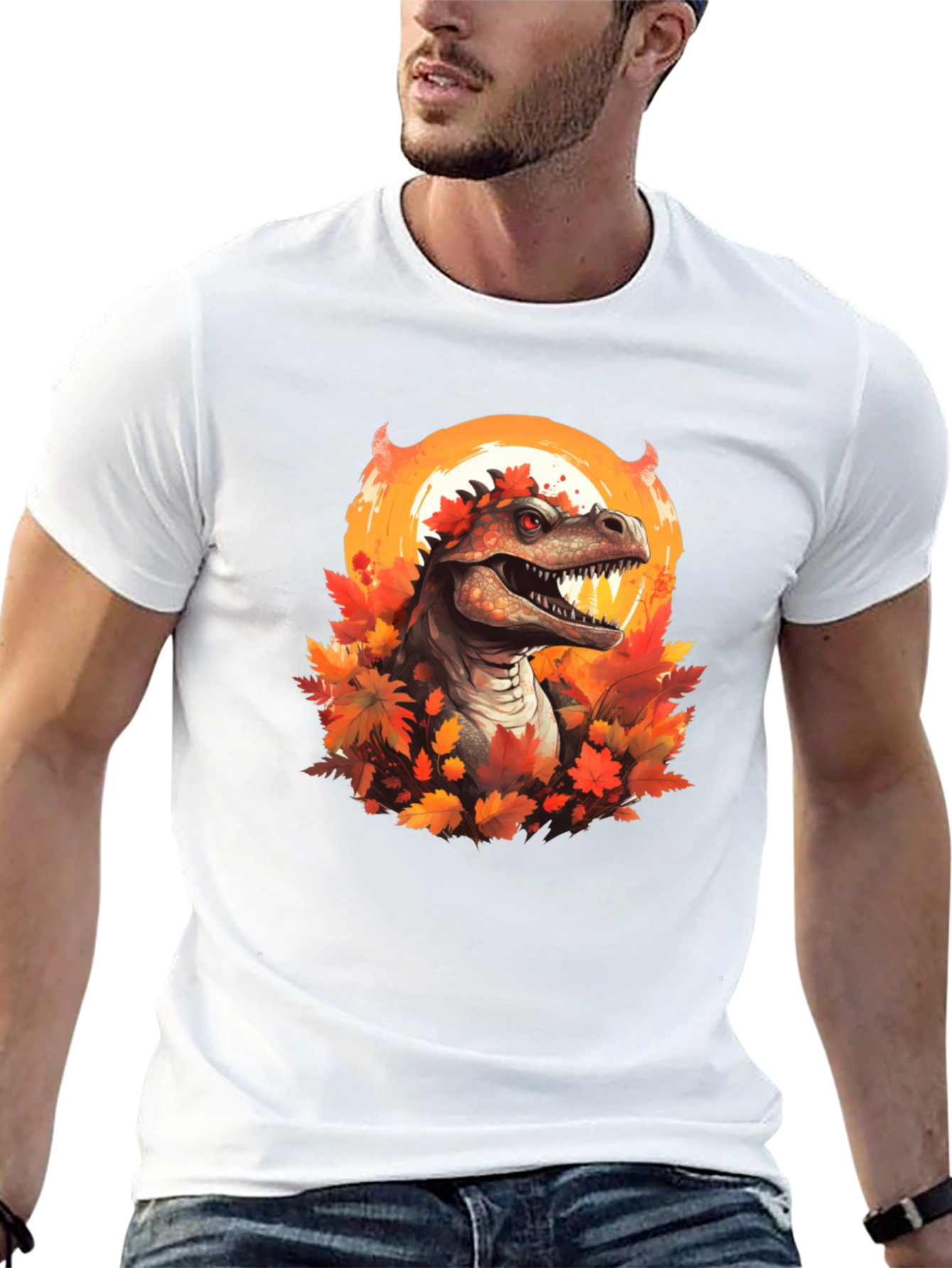 Black Dinosaur in Autumn T-Shirt view 13