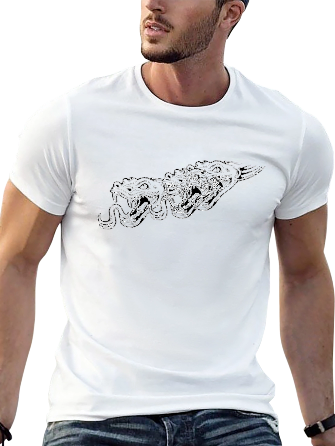 Black Men's Black Graphic Tee - Three-Headed Serpent Design view 13