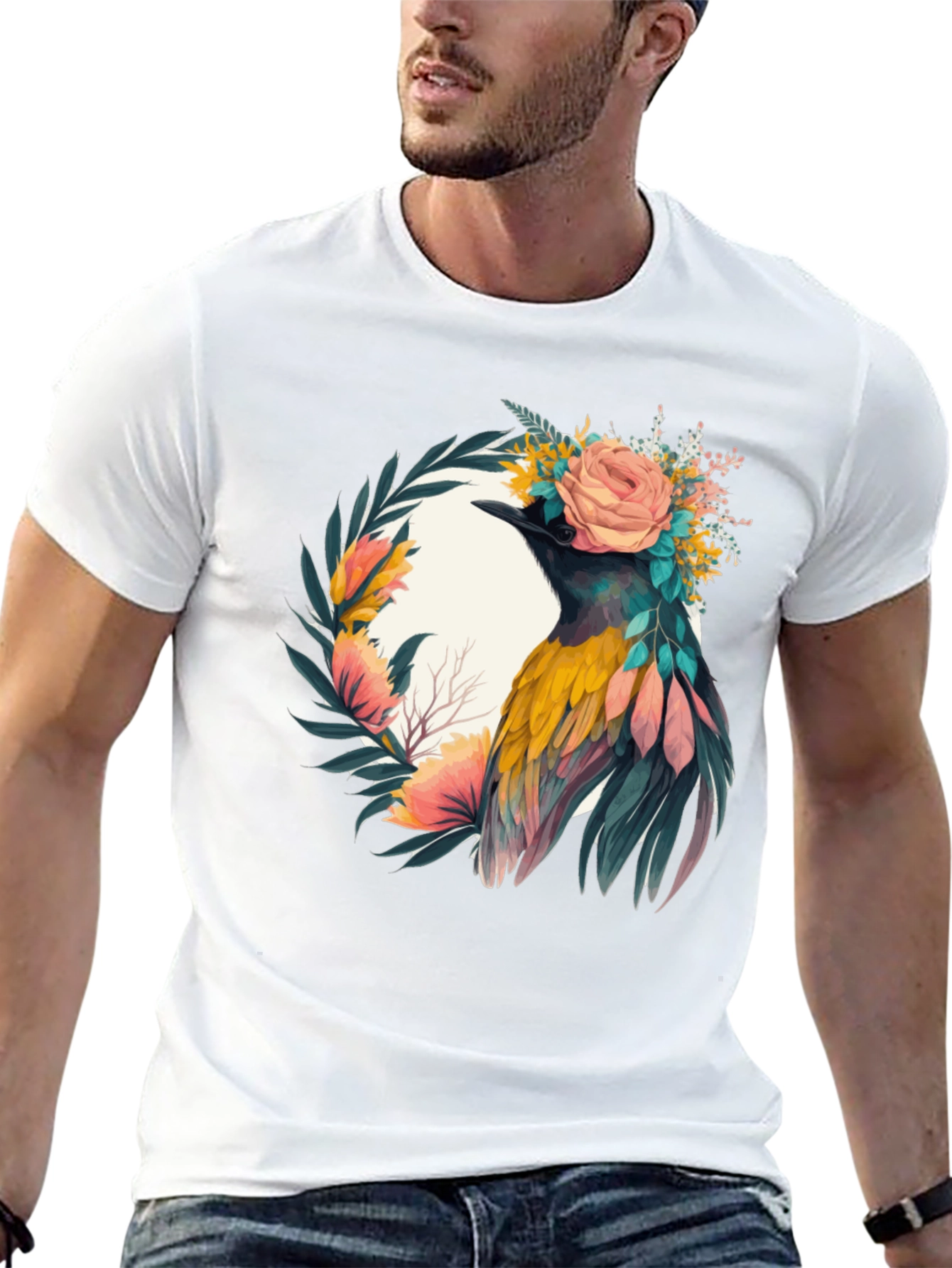 Black Floral Bird Graphic Tee - Unique Design view 13
