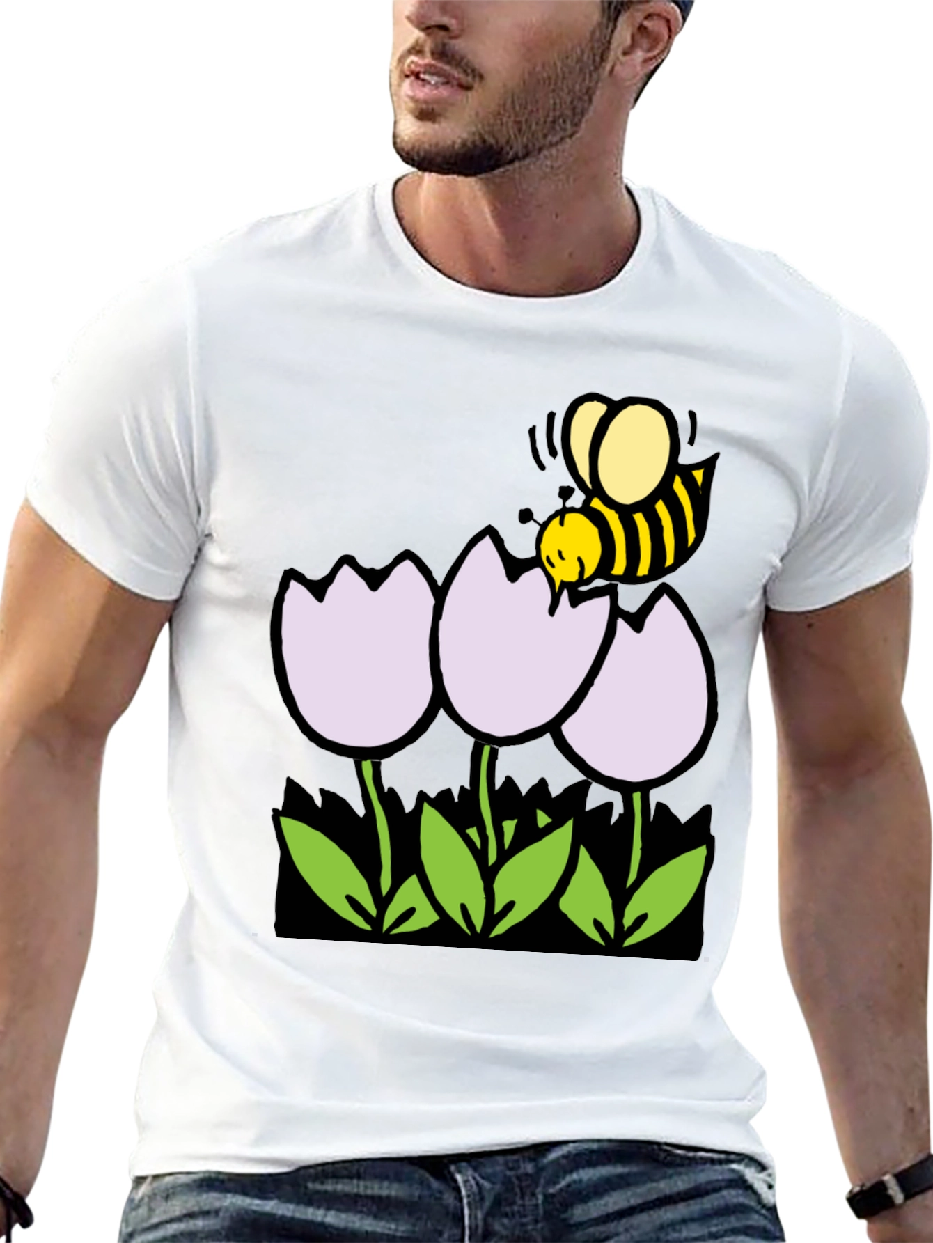 Black Bee and Flowers Graphic T-Shirt - Black Casual Tee view 13