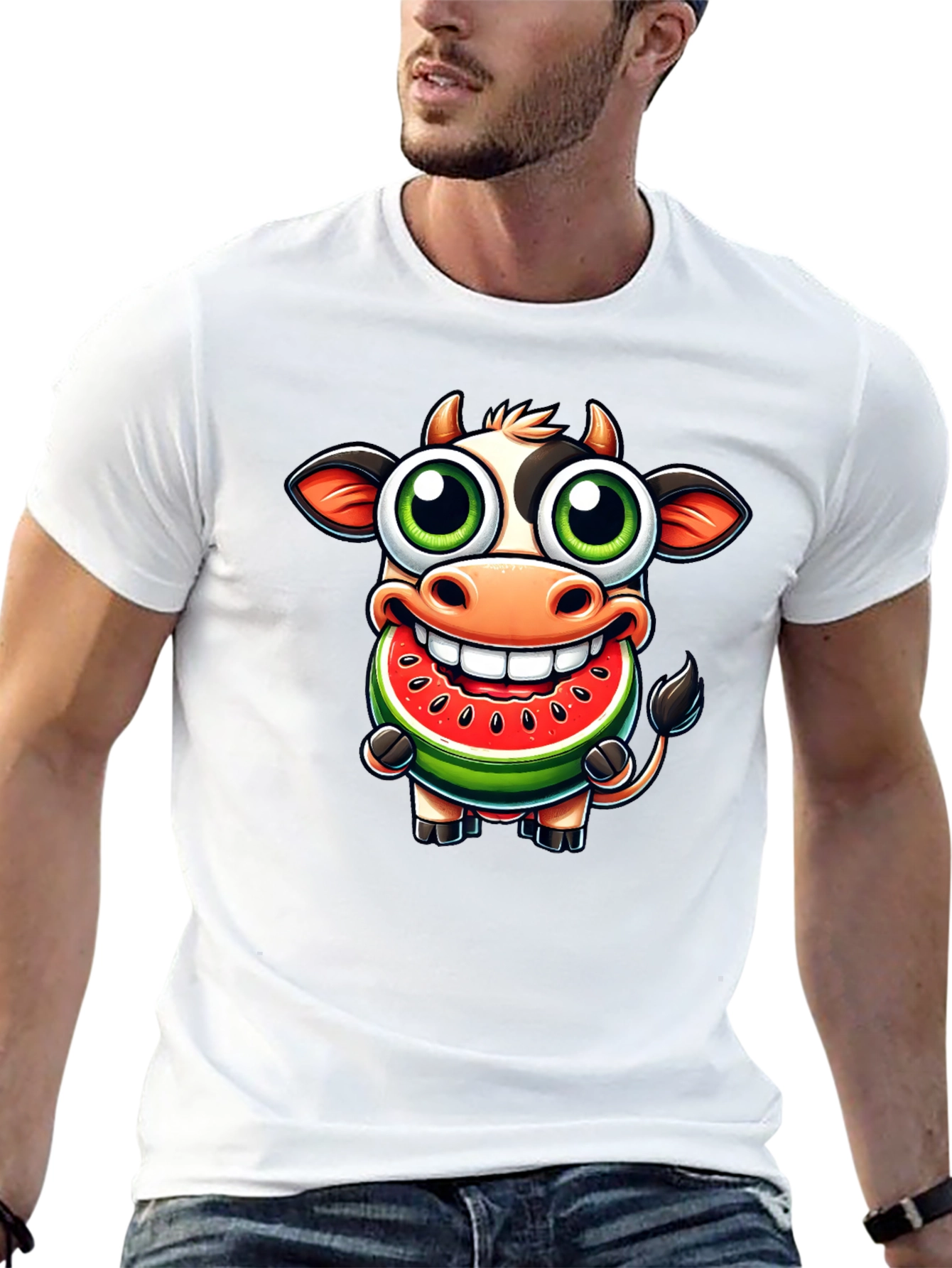 Black Funny Cow Watermelon Cartoon T-Shirt view 13