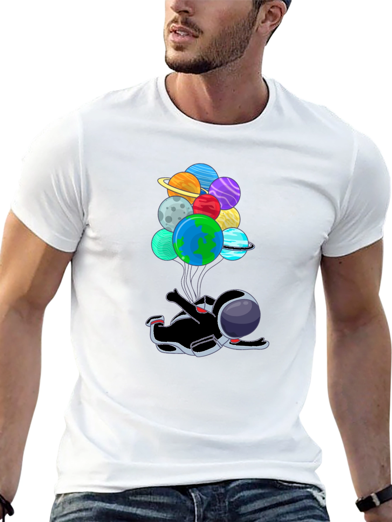 Black Astronaut Floating with Planet Balloons T-Shirt view 13