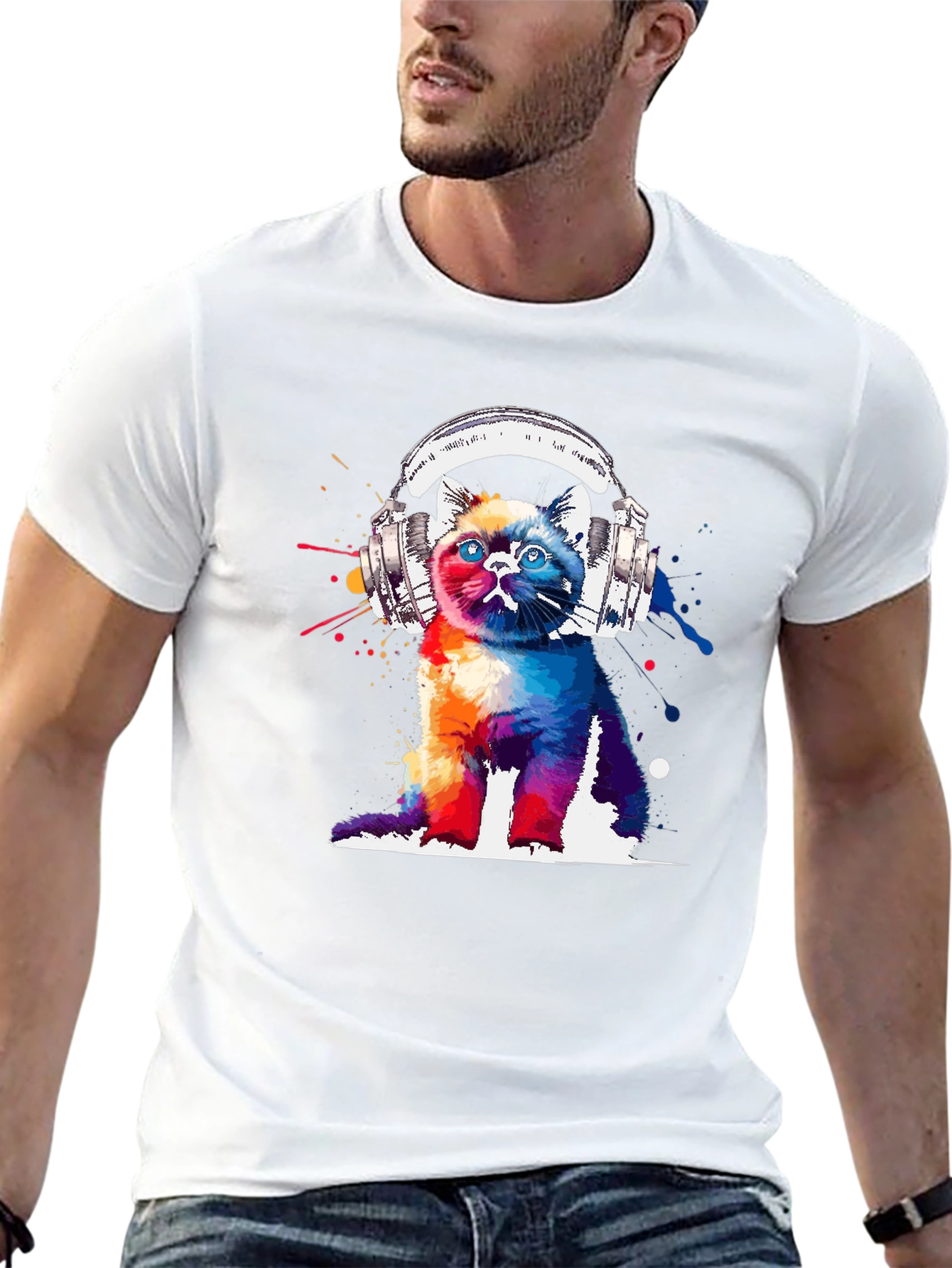 Black Colorful Cat Headphones Graphic T-Shirt view 13