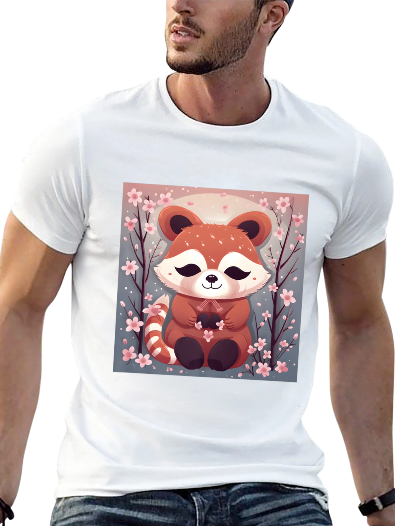 Black Cute Red Panda Cherry Blossom Black T-Shirt view 13