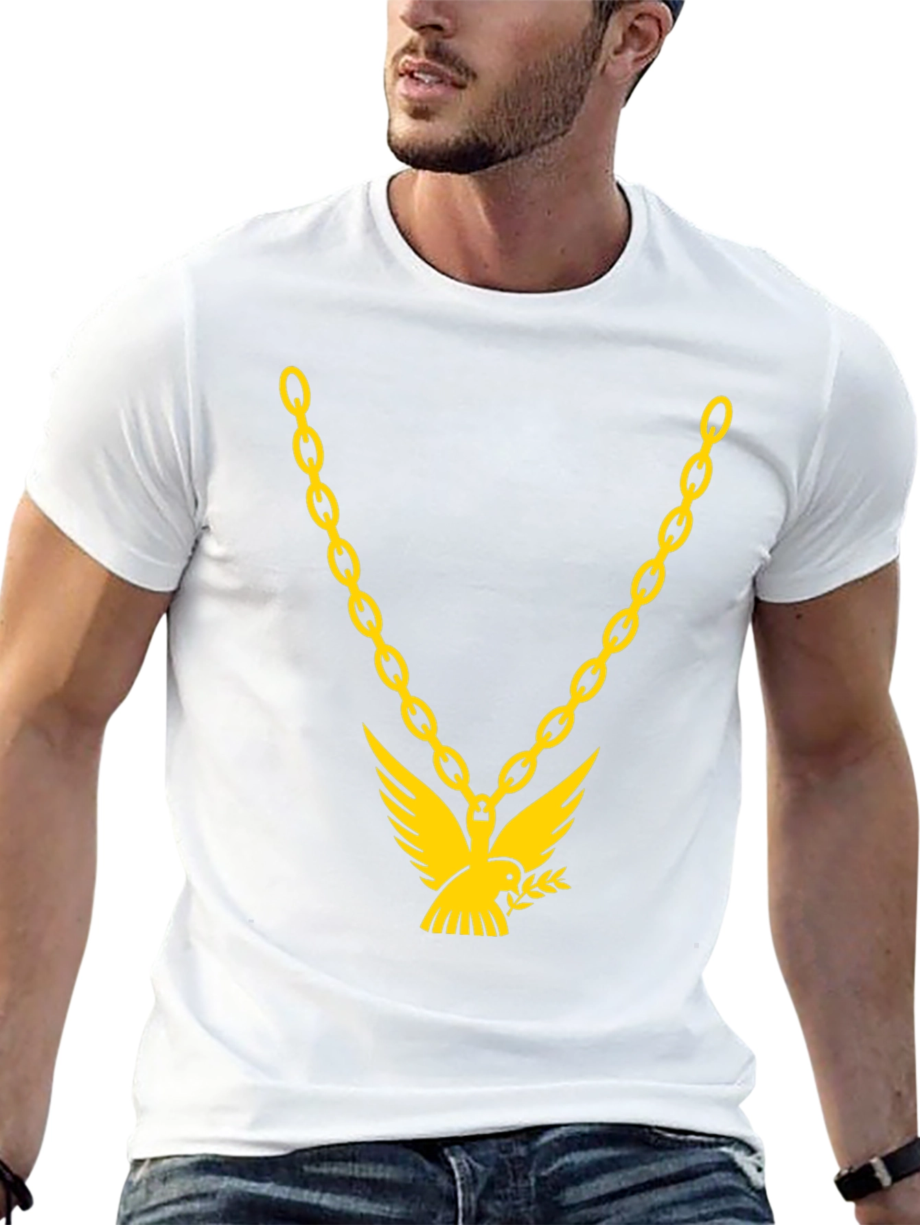 Black Men's Black T-Shirt with Gold Chain & Dove Graphic view 13