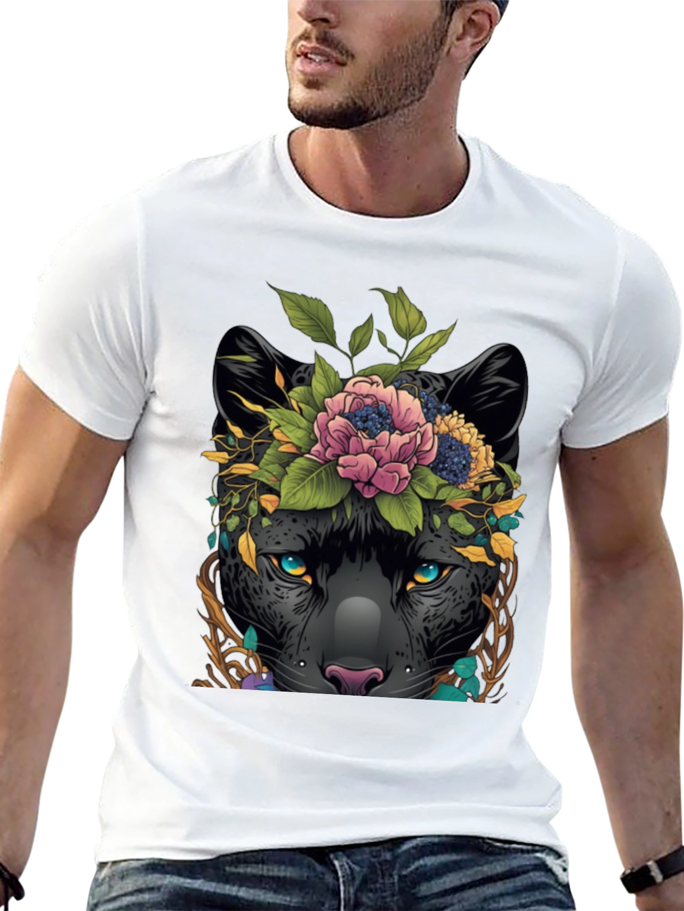 Black Floral Panther Graphic Tee - Unique Animal Design view 13
