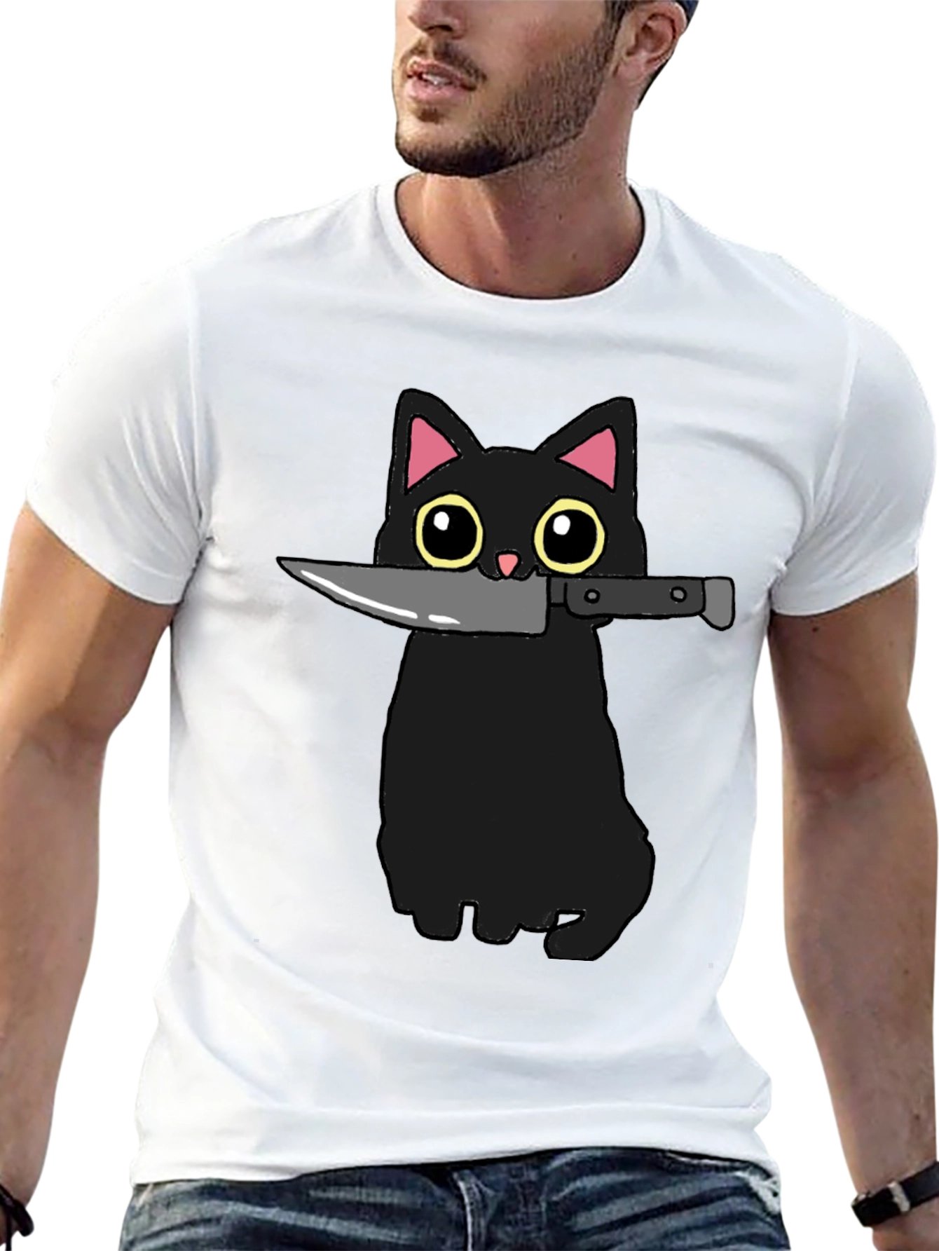 Black Black Cat Knife Graphic T-Shirt - Funny Cat Tee view 13