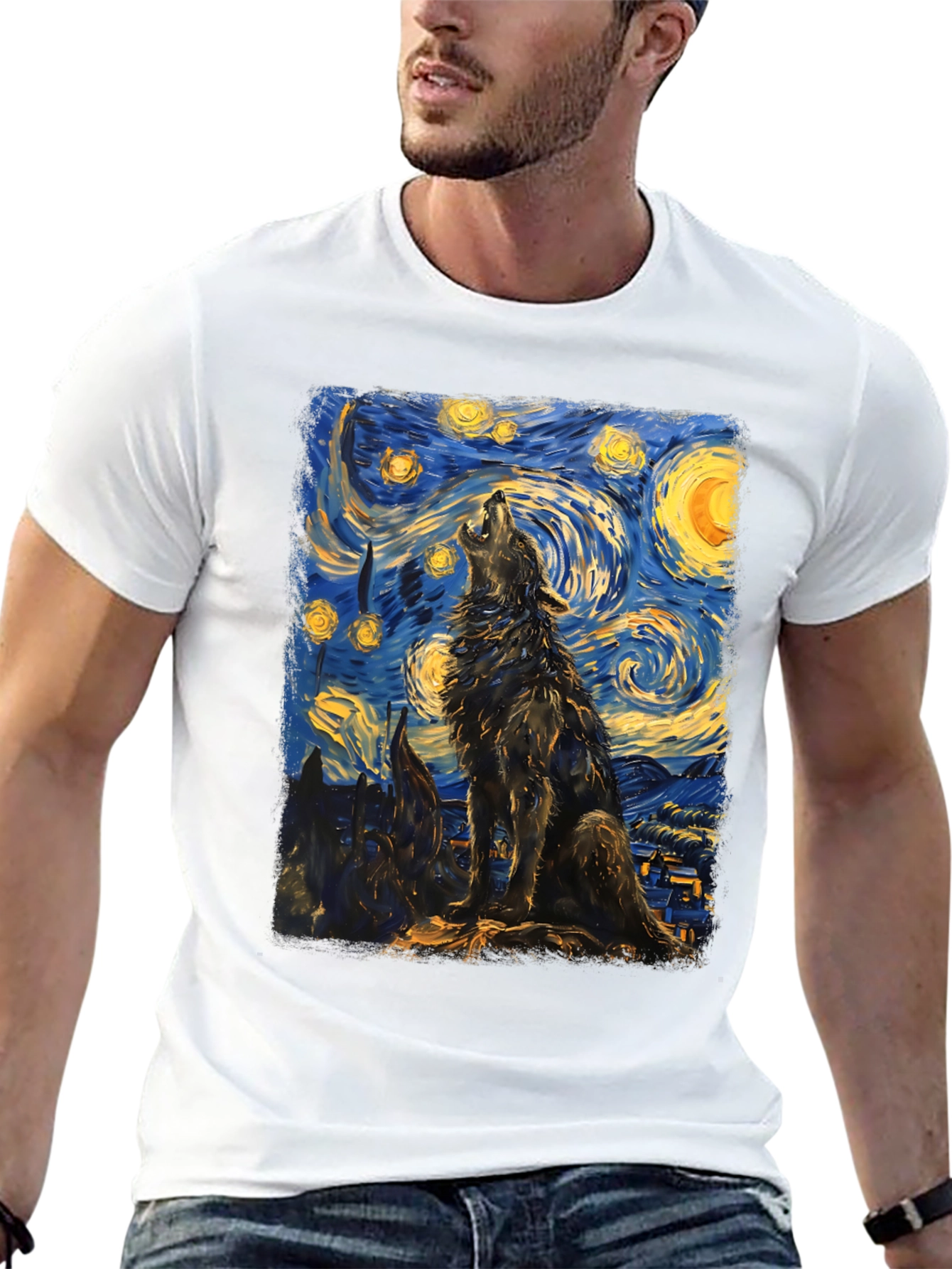 Black Starry Night Wolf Graphic Tee - Unique Artistic Design view 13