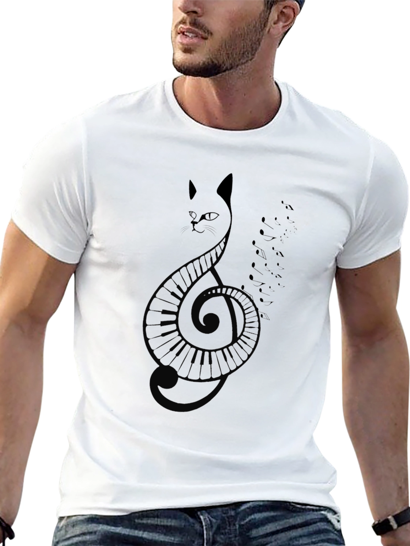 Black Cat Clef Music T-Shirt - Black view 13