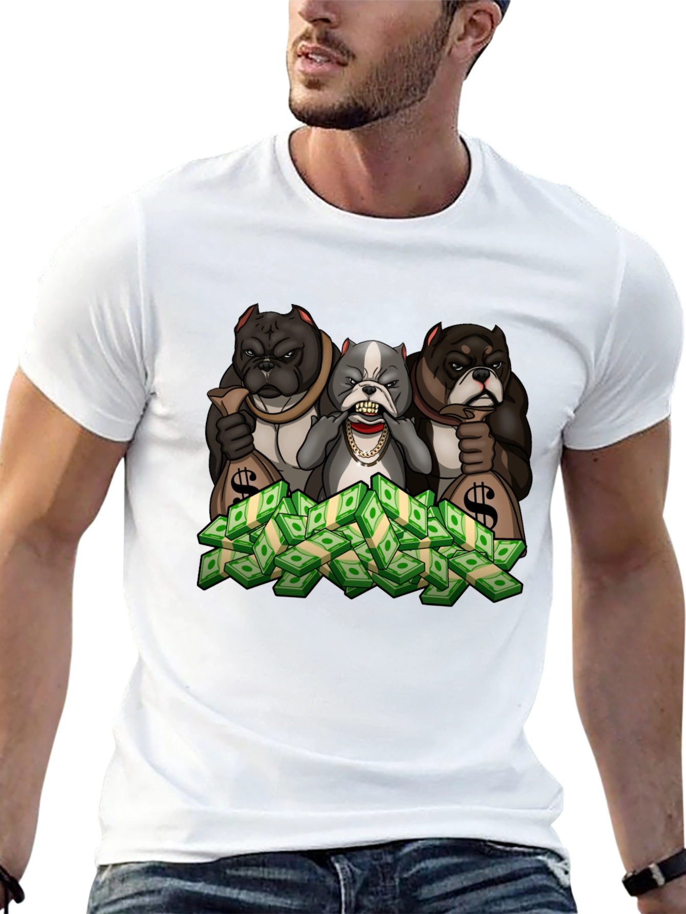 Black Bulldog Money T-Shirt - Cartoon Graphic Tee view 13