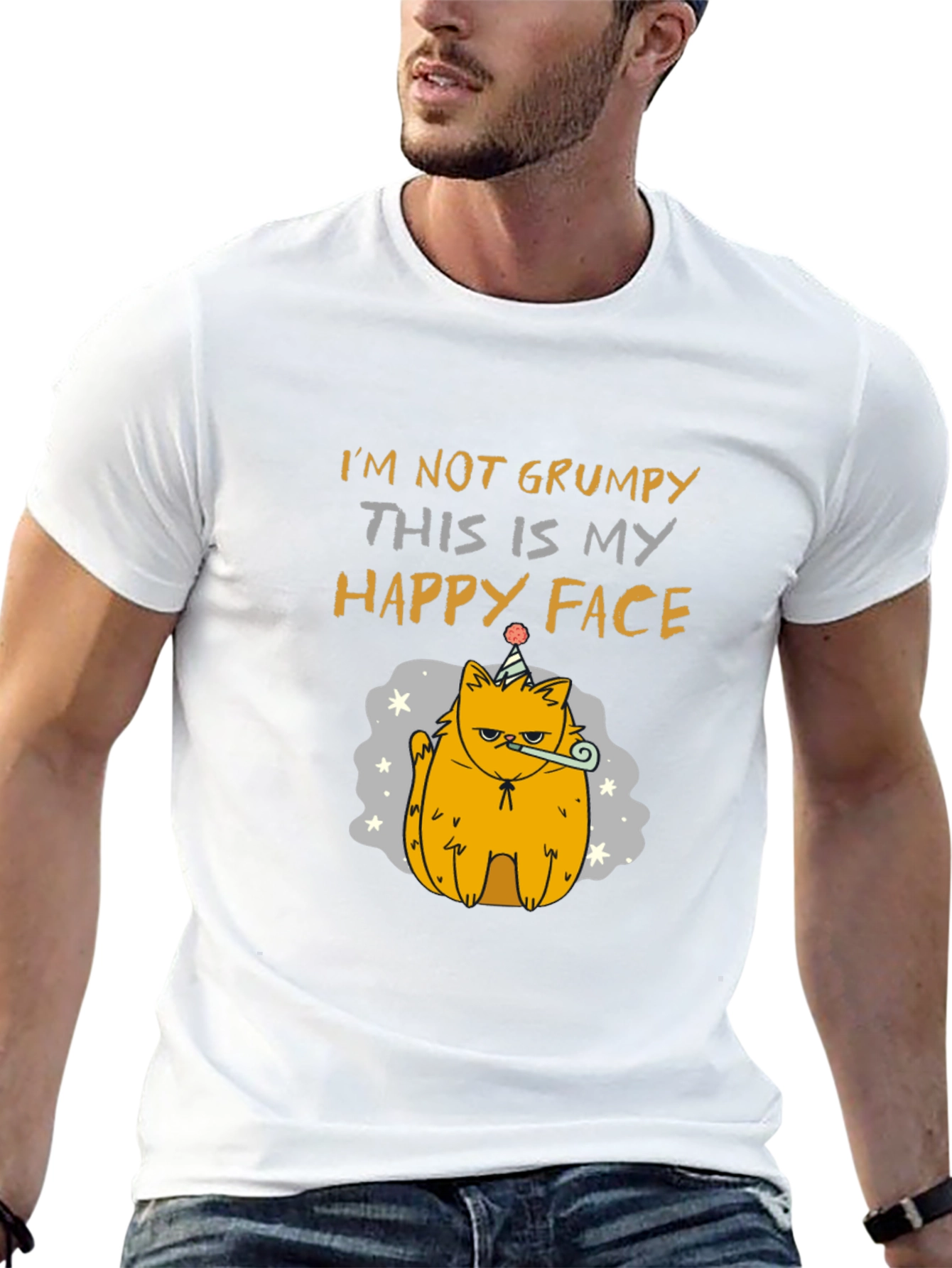 Black Grumpy Cat T-Shirt - Happy Face Design view 13