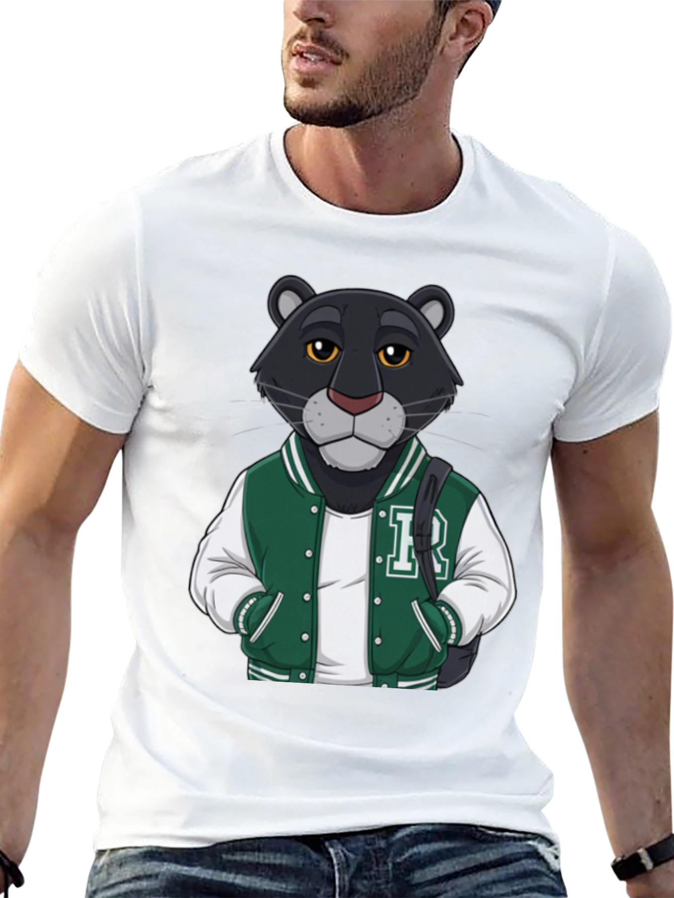 Black Cartoon Panther Varsity Jacket Graphic Tee view 13