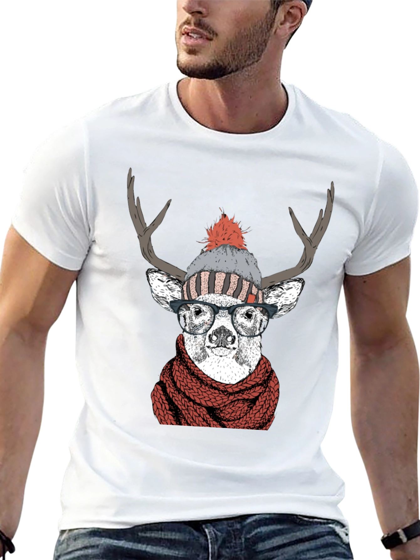 Hipster Deer Graphic Tee - Antler Scarf & Glasses - 13