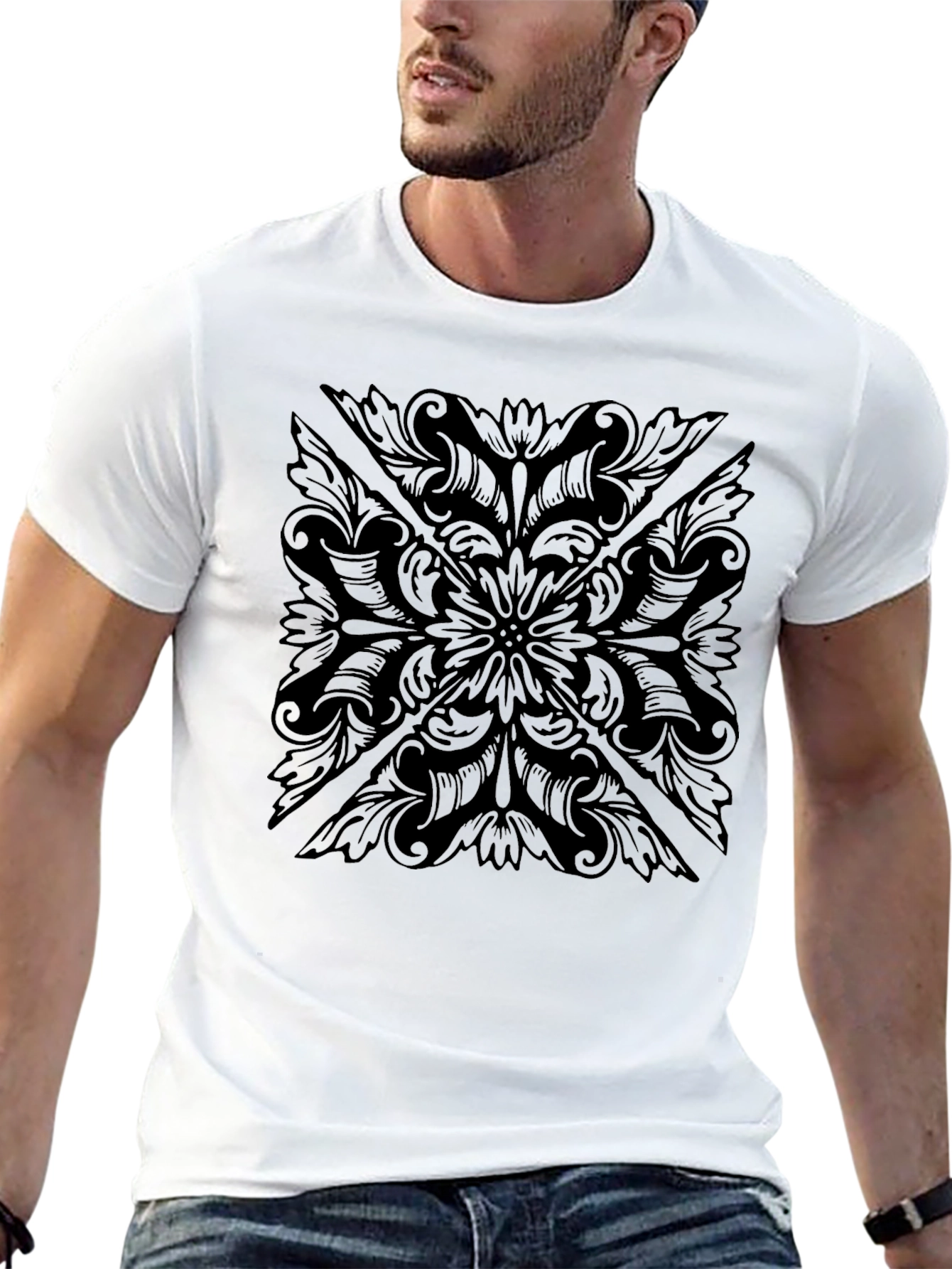 Black Men's Black Floral Pattern T-Shirt view 13