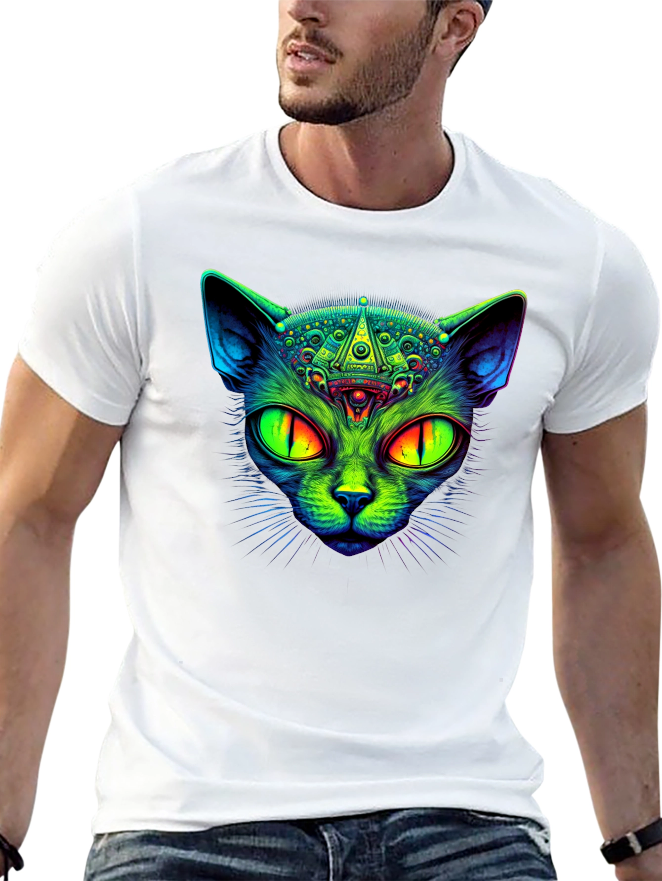 Black Psychedelic Cat Graphic Tee - Black Cotton T-Shirt view 13