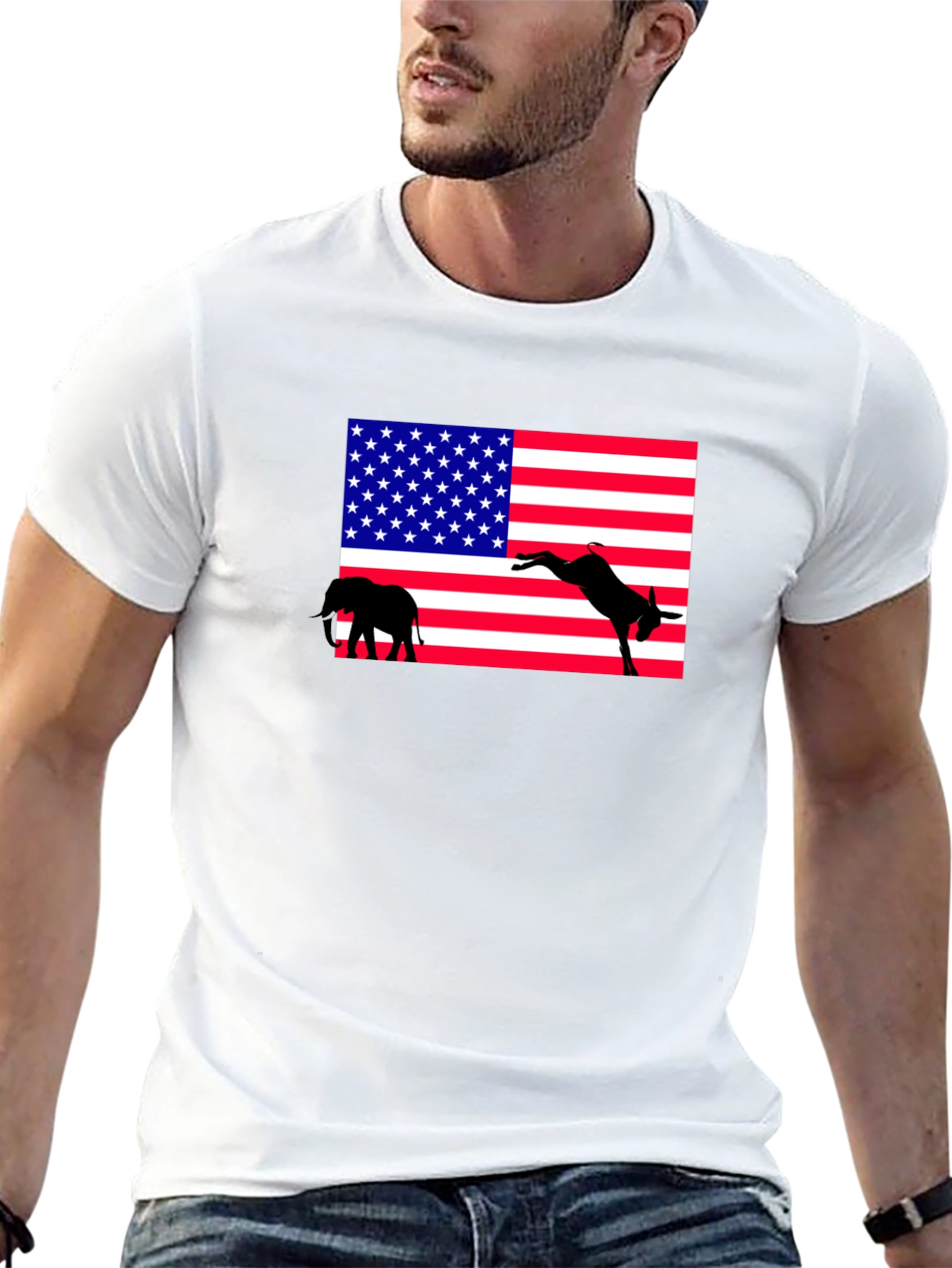 Black Political T-Shirt: Elephant & Donkey American Flag view 13