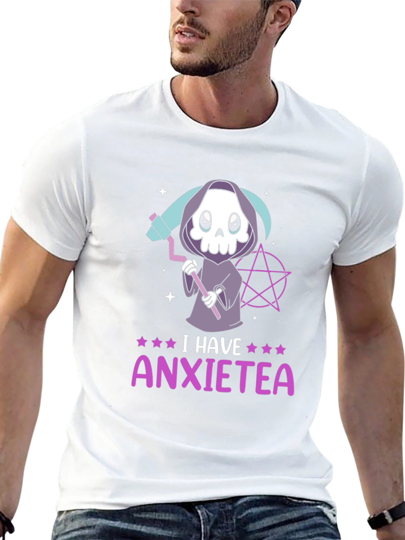Black Anxietea T-Shirt - Cute Grim Reaper Design view 13