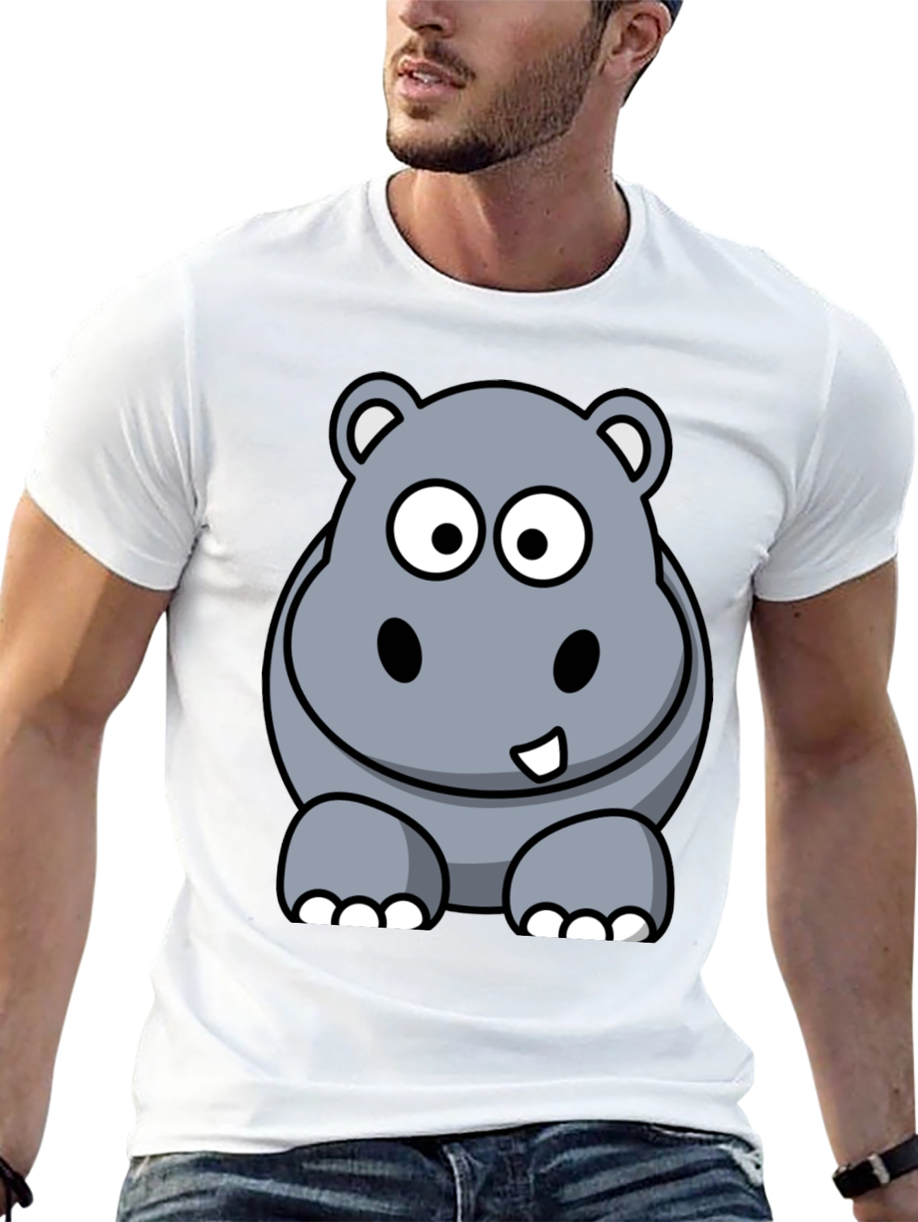 Black Cartoon Hippo Graphic Tee - Black Cotton T-Shirt view 13