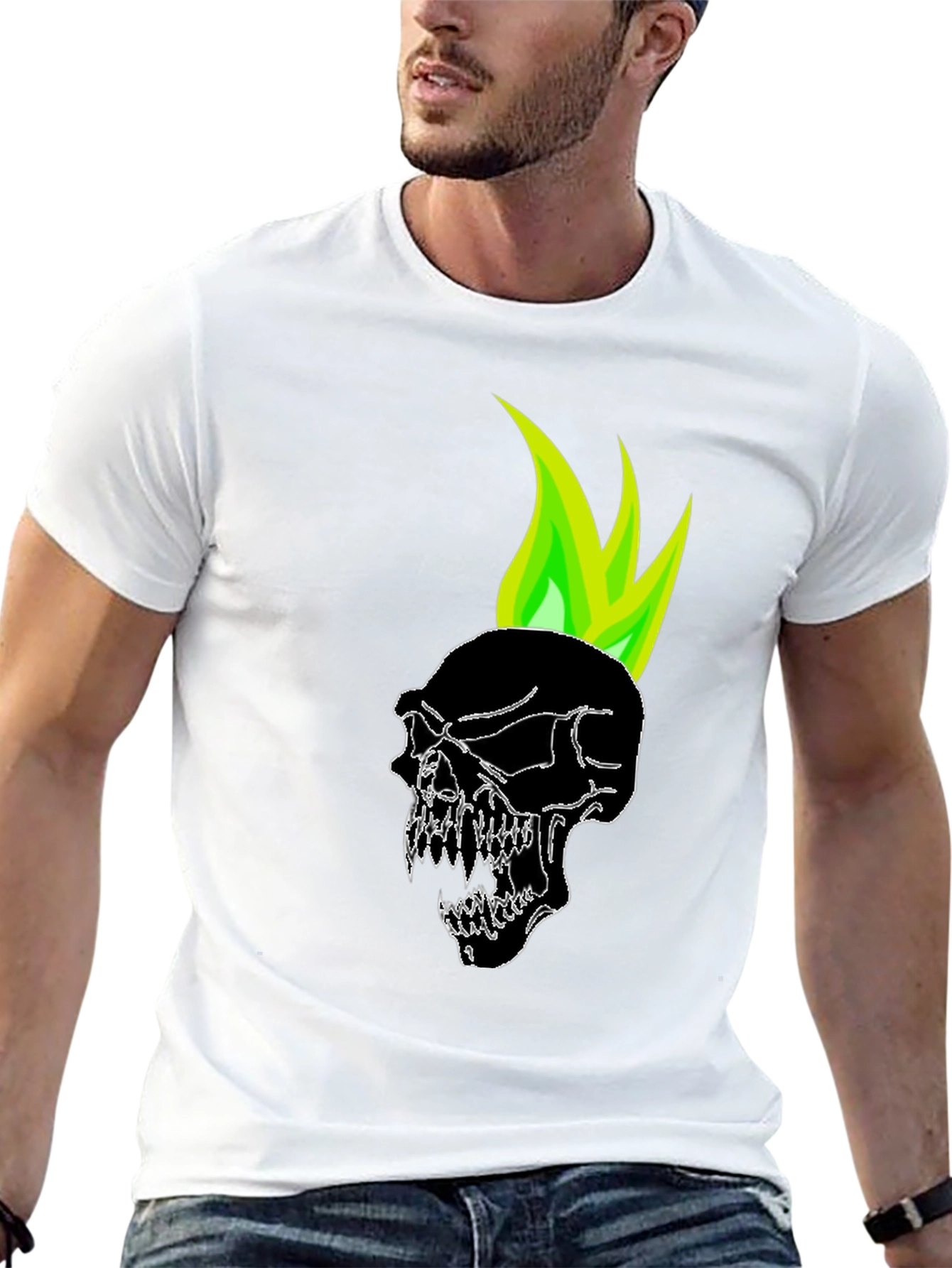 Black Skull with Green Flame Graphic Tee view 13