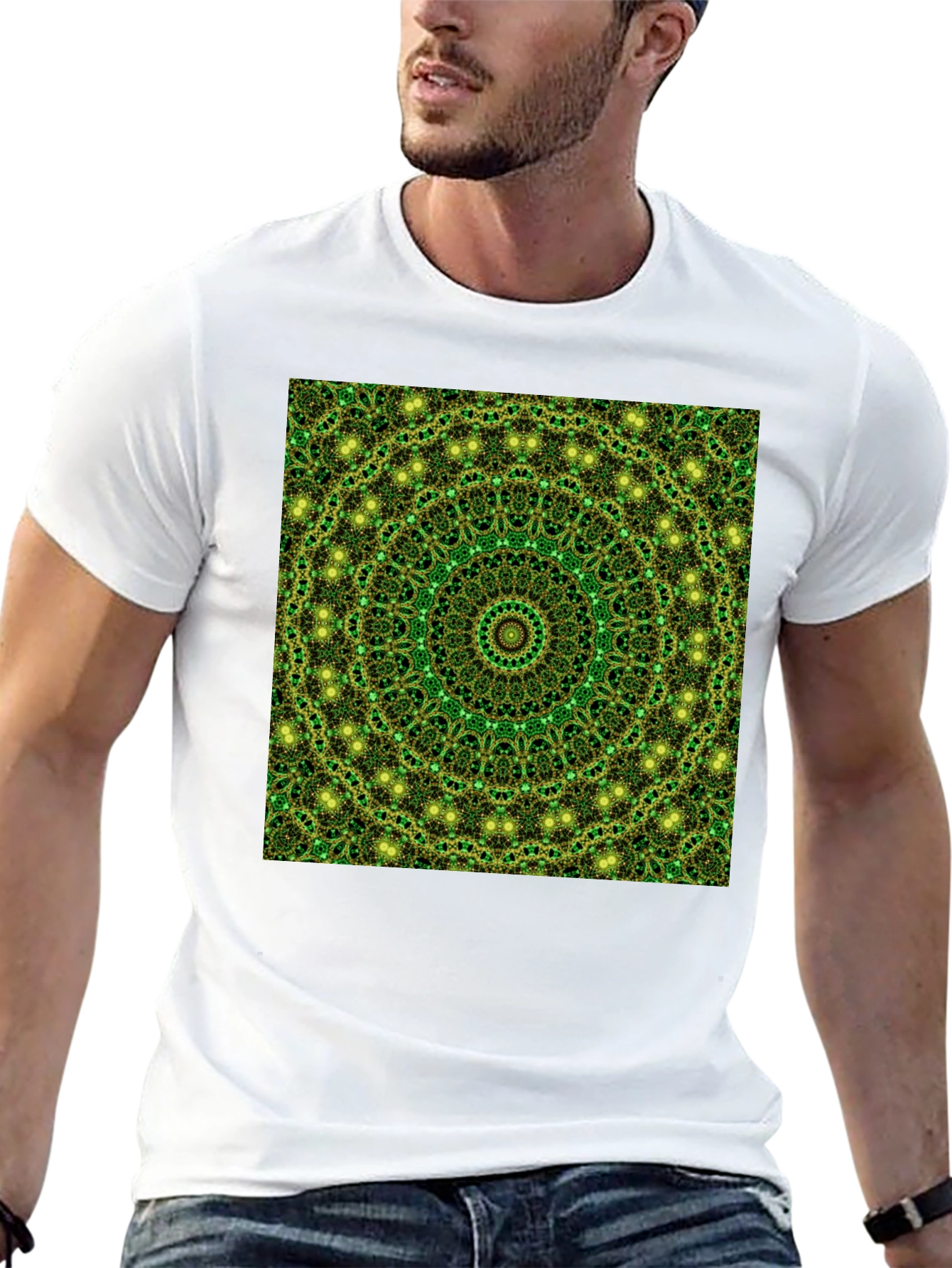 Black Green Mandala Pattern T-Shirt view 13