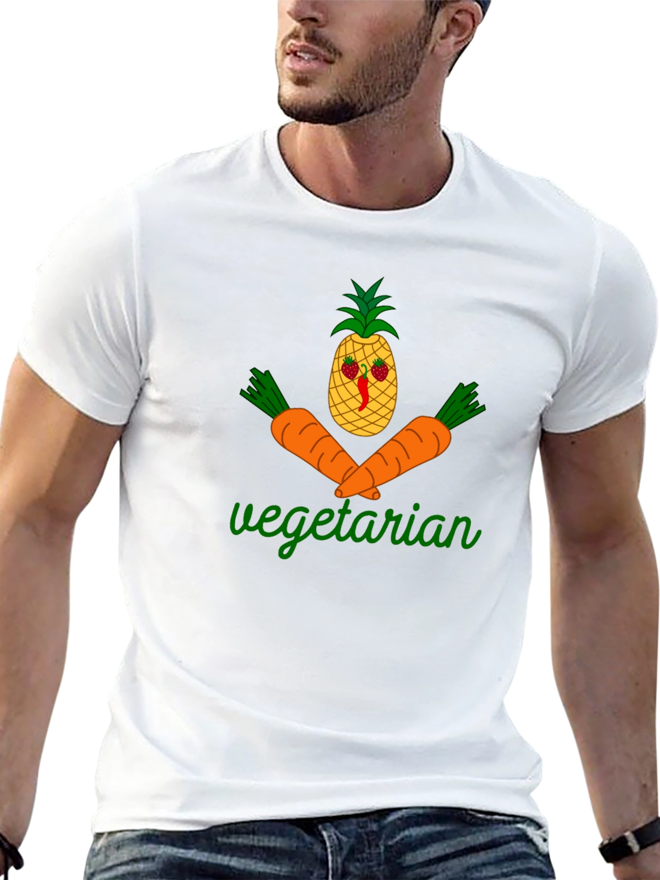 Black Vegetarian Graphic T-Shirt - Pineapple & Carrot Design view 13