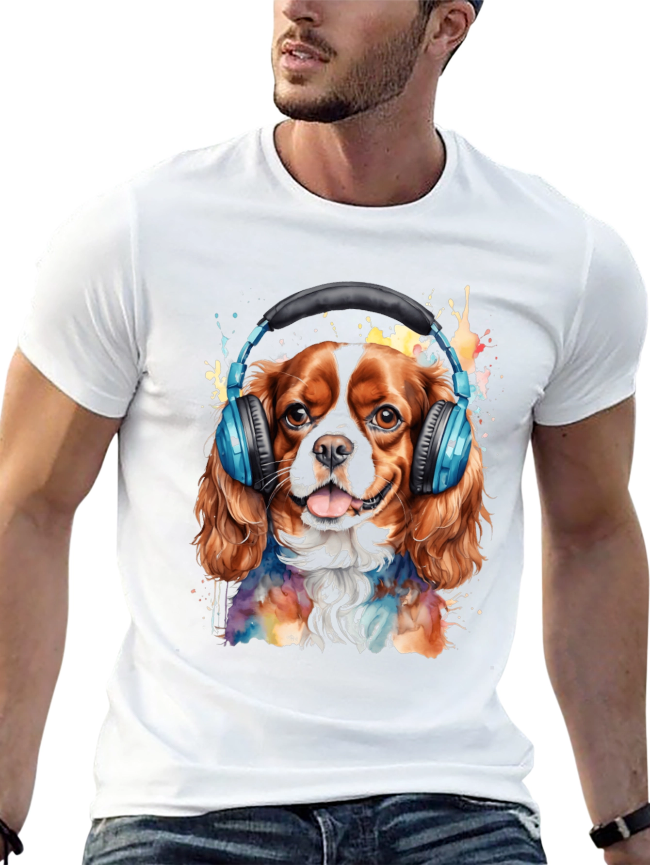 Black Dog with Headphones T-Shirt - Colorful Watercolor Design view 13