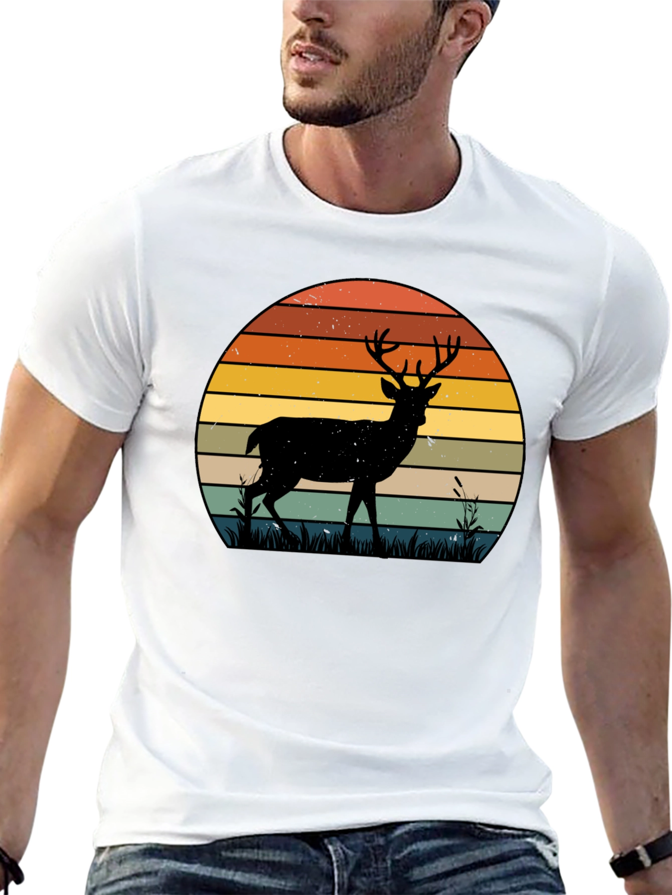 Black Retro Deer Sunset Graphic T-Shirt view 13