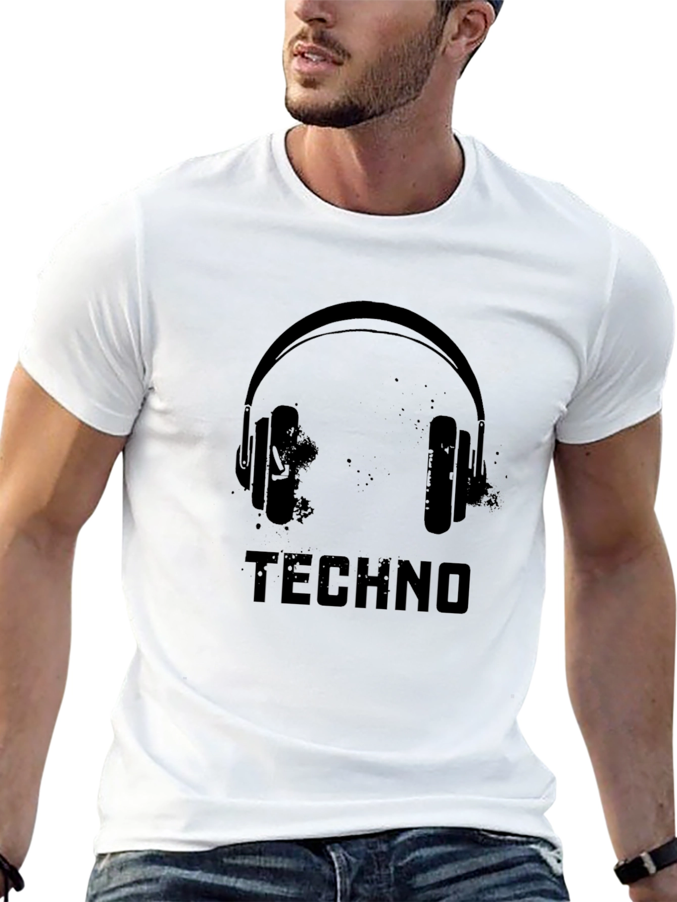Black Techno Music Headphones Graphic Black T-Shirt view 13