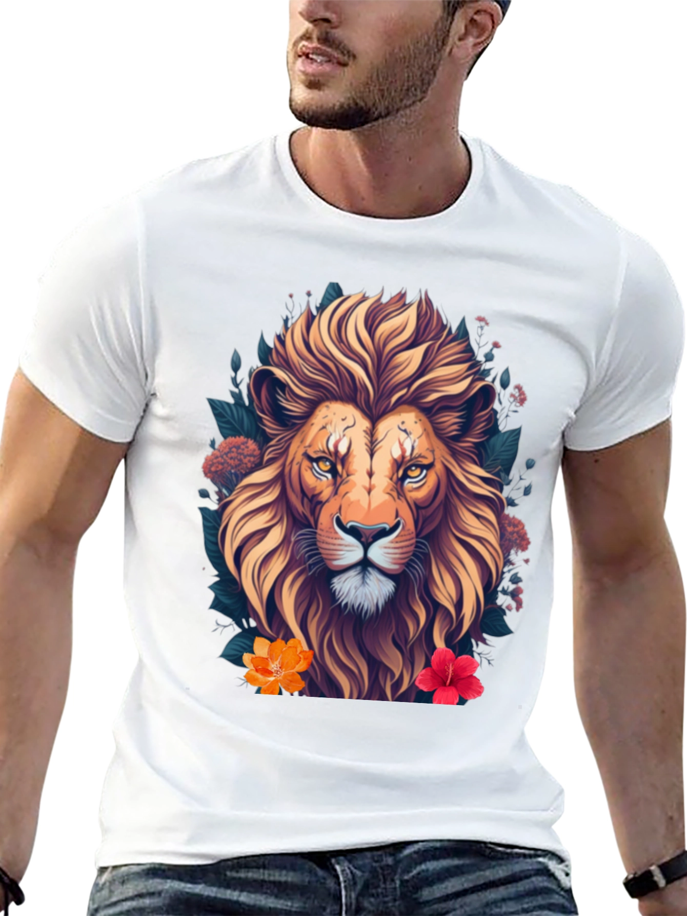Black Lion Floral T-Shirt, Unique Graphic Tee view 13