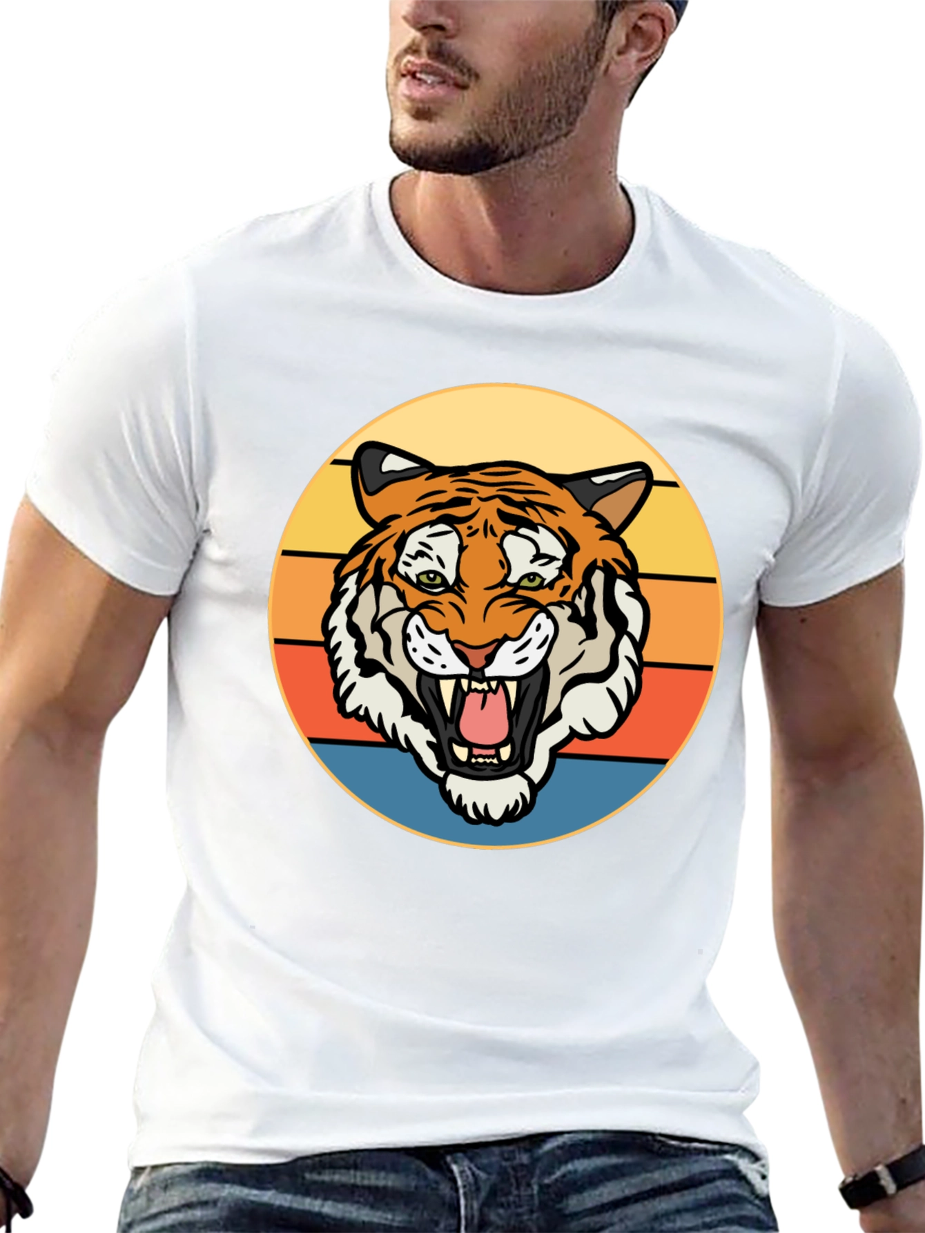 Black Retro Tiger Graphic T-Shirt - Men's Short Sleeve Crew Neck Tee view 13