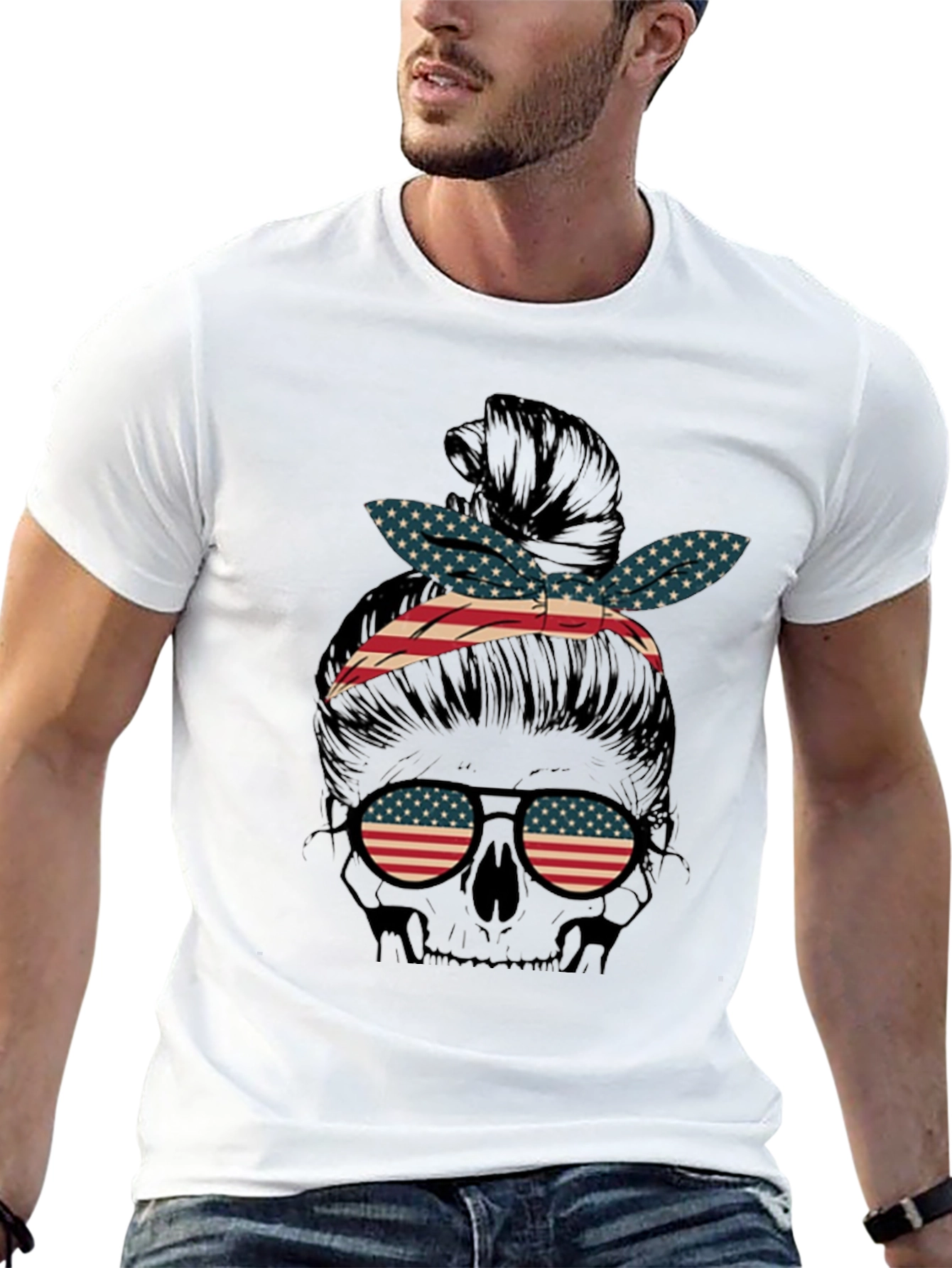 Black American Flag Skull Messy Bun Graphic Tee view 13