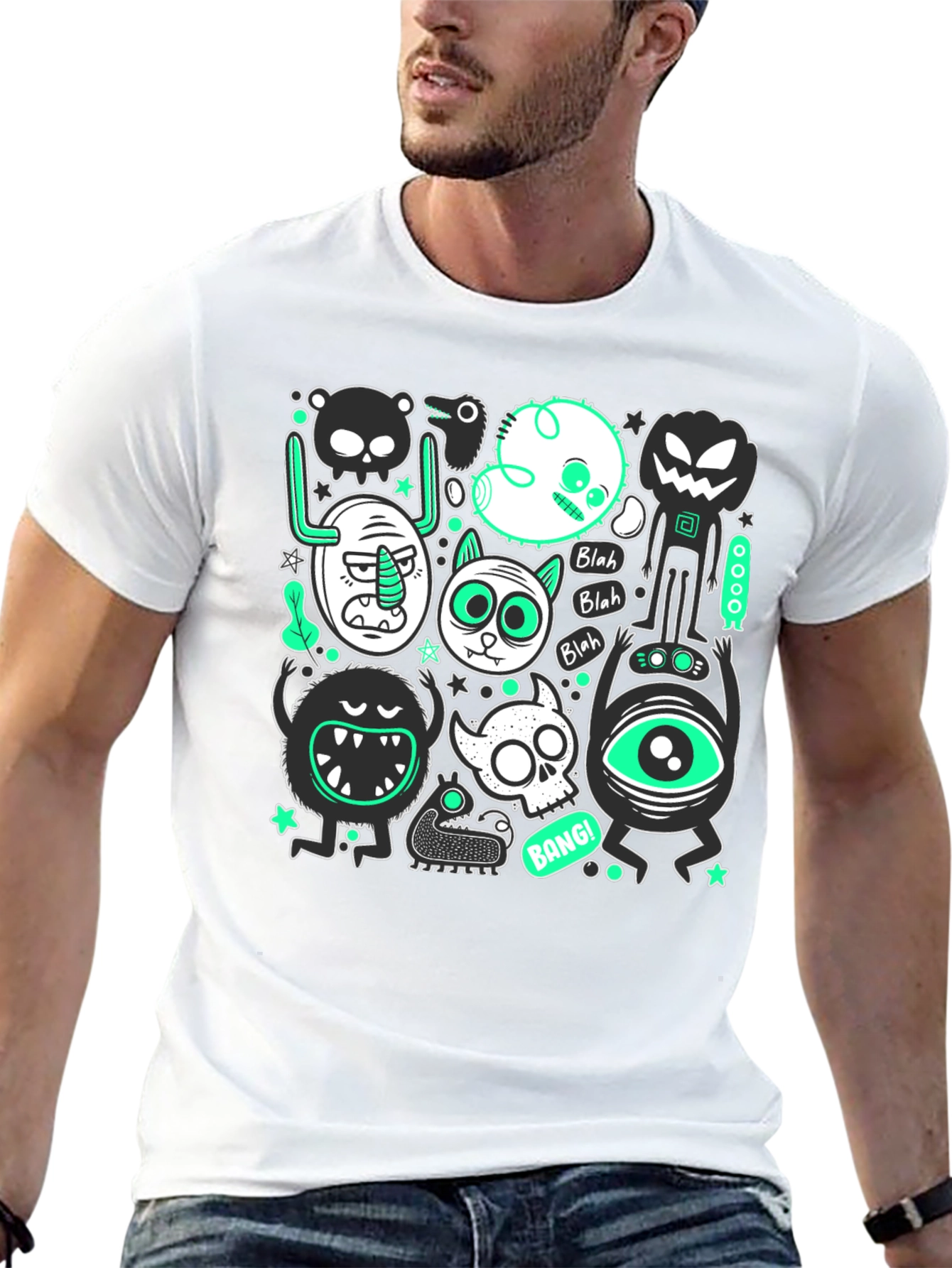 Black Monster Graphic Print Crew Neck Men's T-Shirt view 13