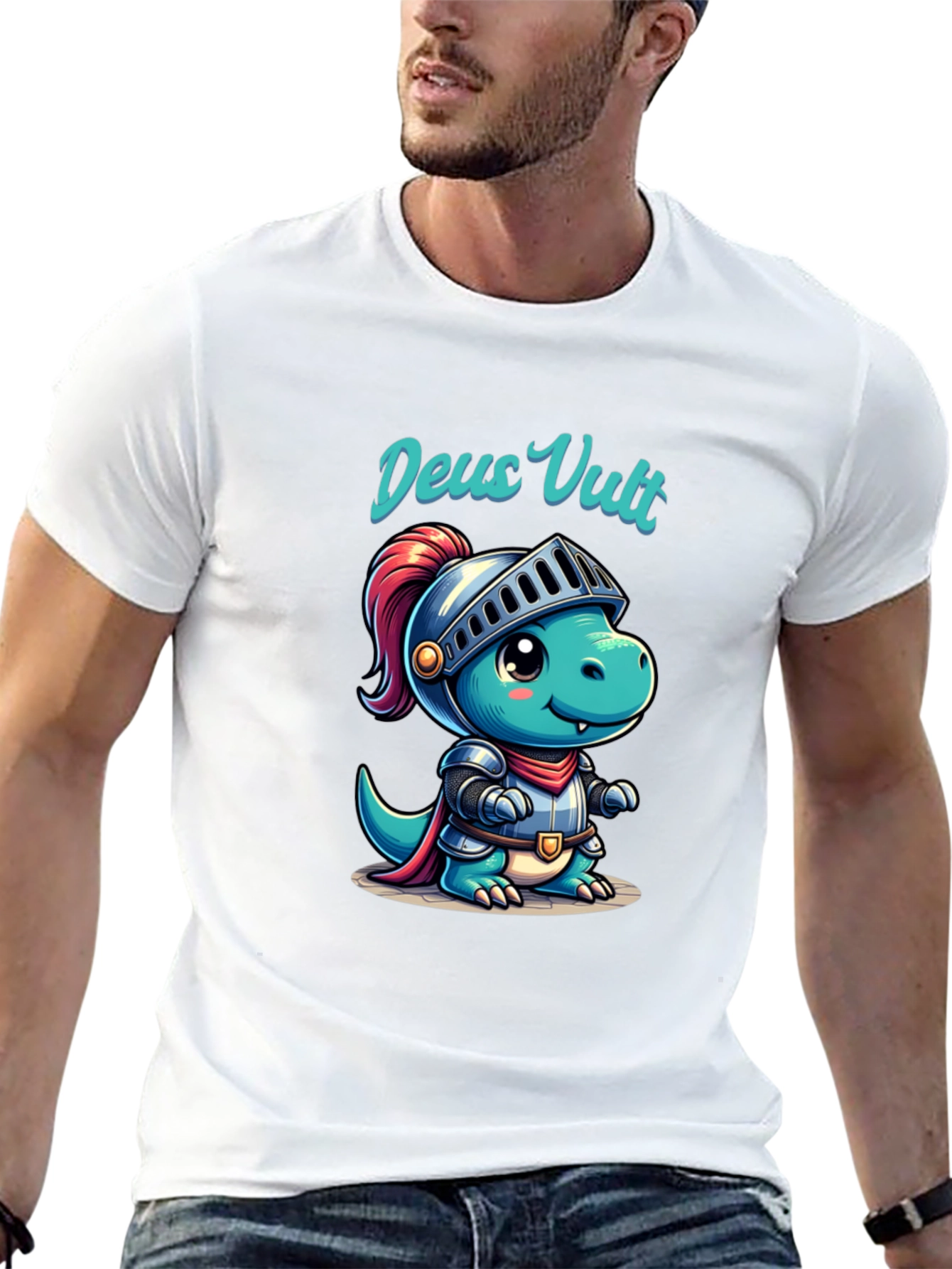 Black Deus Vult Dinosaur Knight Graphic T-Shirt view 13