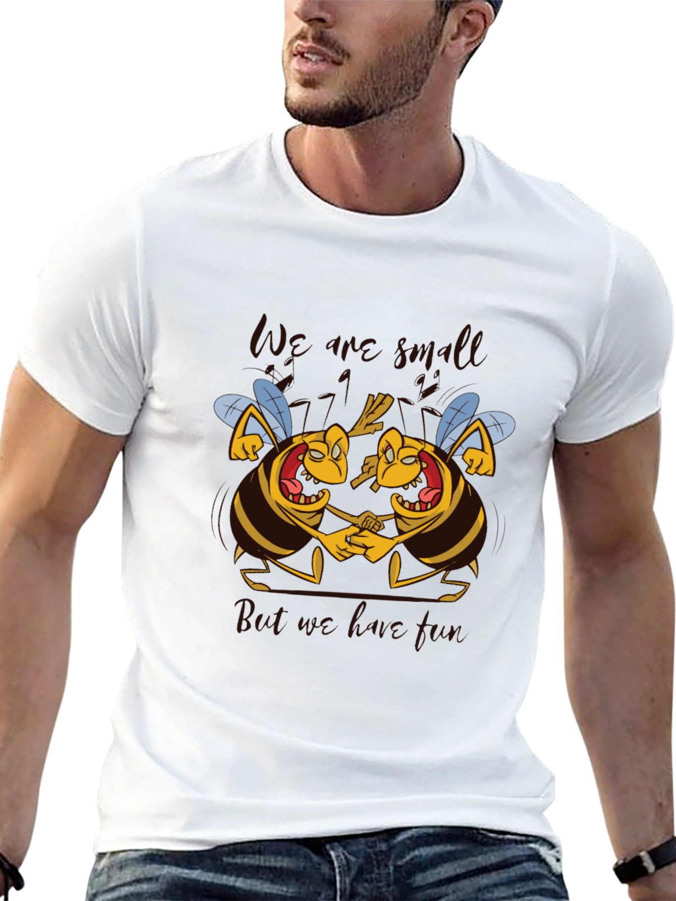 Black Cartoon Bee Graphic Tee - We are Small But We are Free T-Shirt view 13