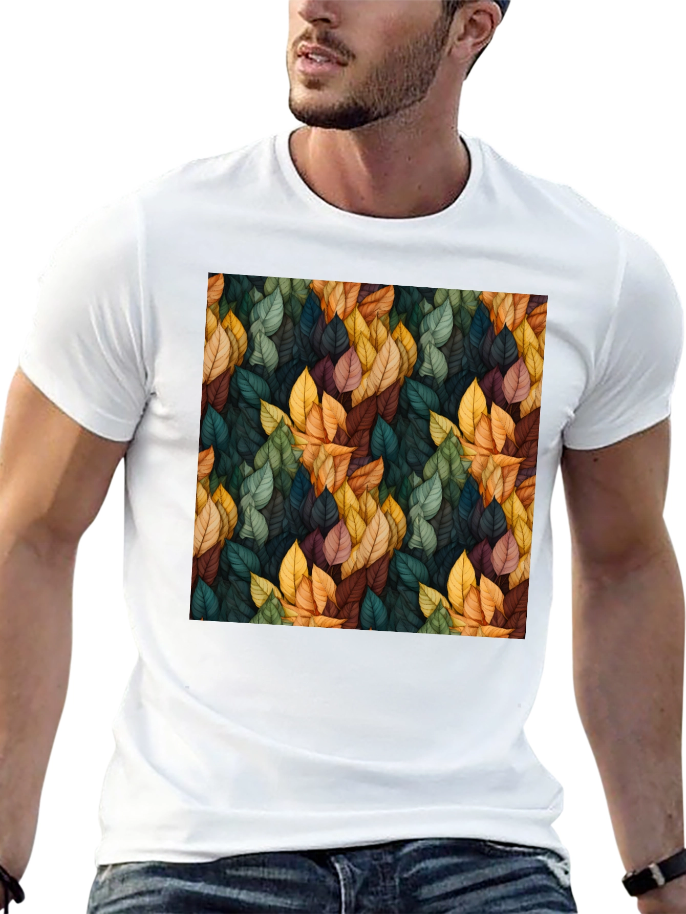 Black Autumn Leaf Pattern Black T-Shirt view 13