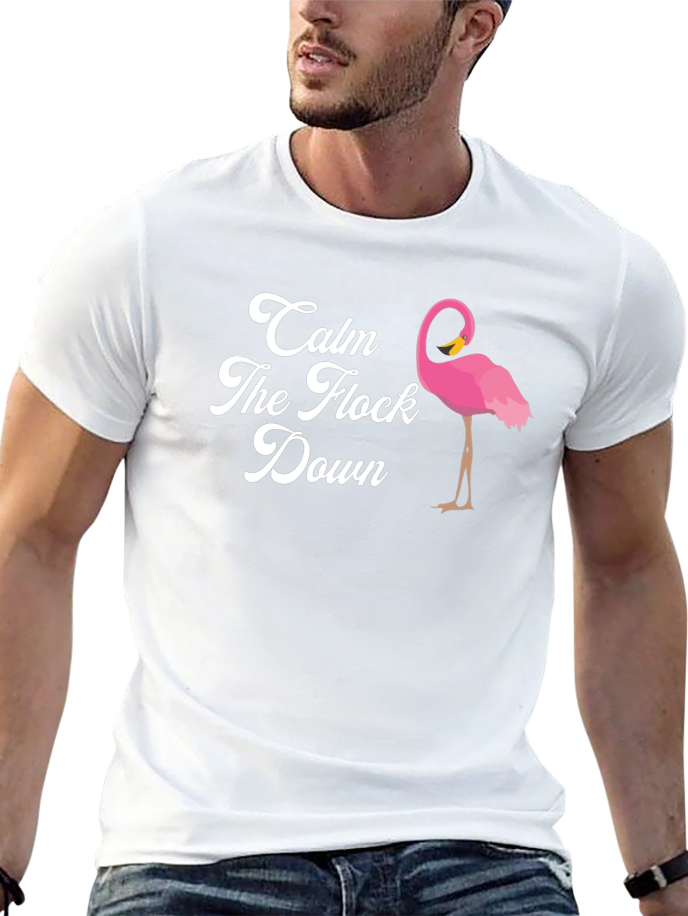 Black Calm The Flock Down T-Shirt, Funny Flamingo Tee view 13