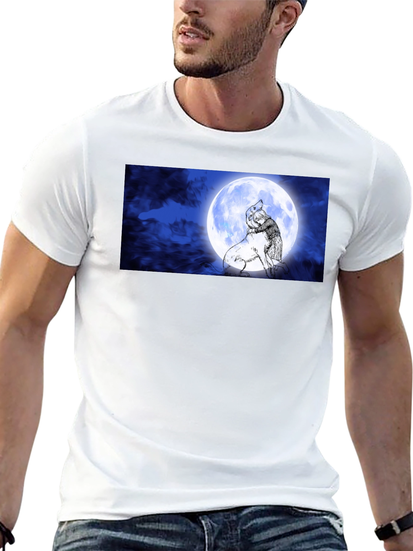 Black Moonlit Embrace T-Shirt: Man & Wolf Design view 13