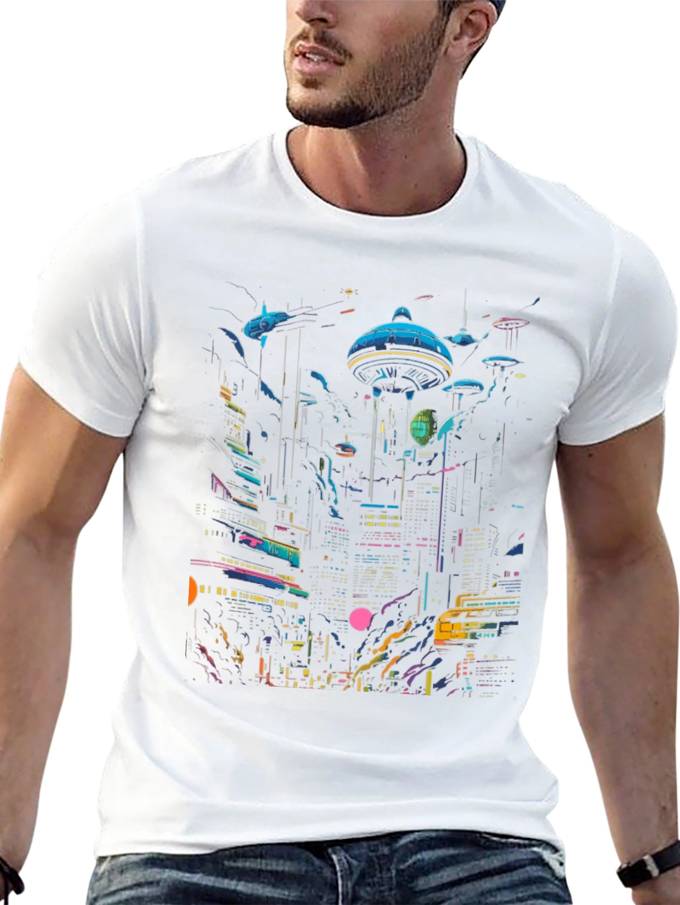 Black Neon Cityscape Graphic Tee - Retro Future Design view 13