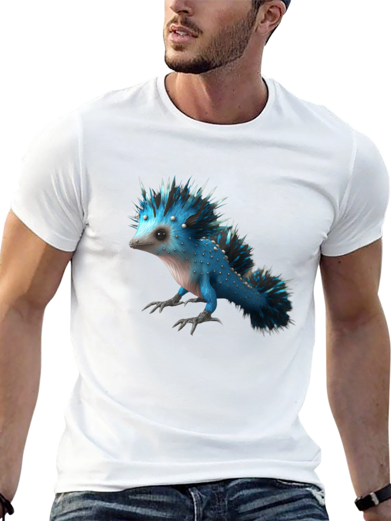 Black Men's Black T-Shirt with Blue Creature Graphic view 13