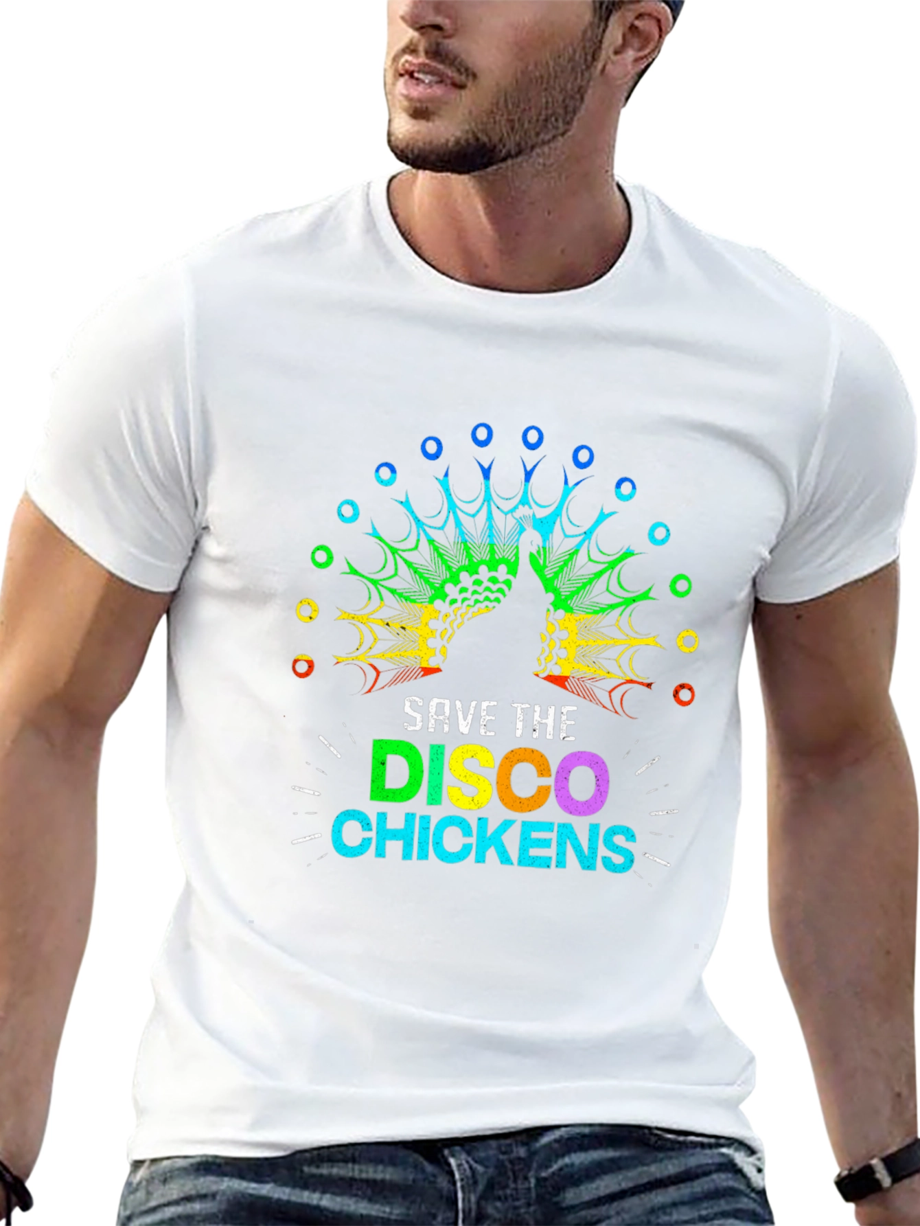 Black Save The Disco Chickens T-Shirt - Rainbow Peacock Design view 13
