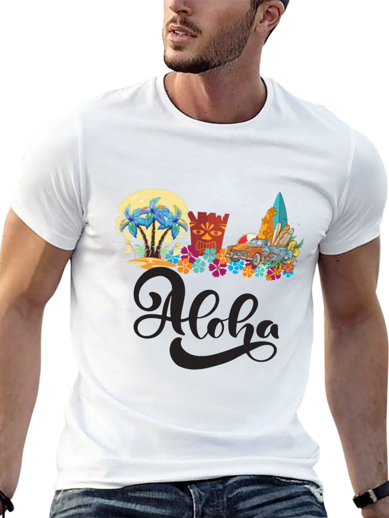 Black Aloha Summer T-Shirt: Beach Car & Surfboards view 13