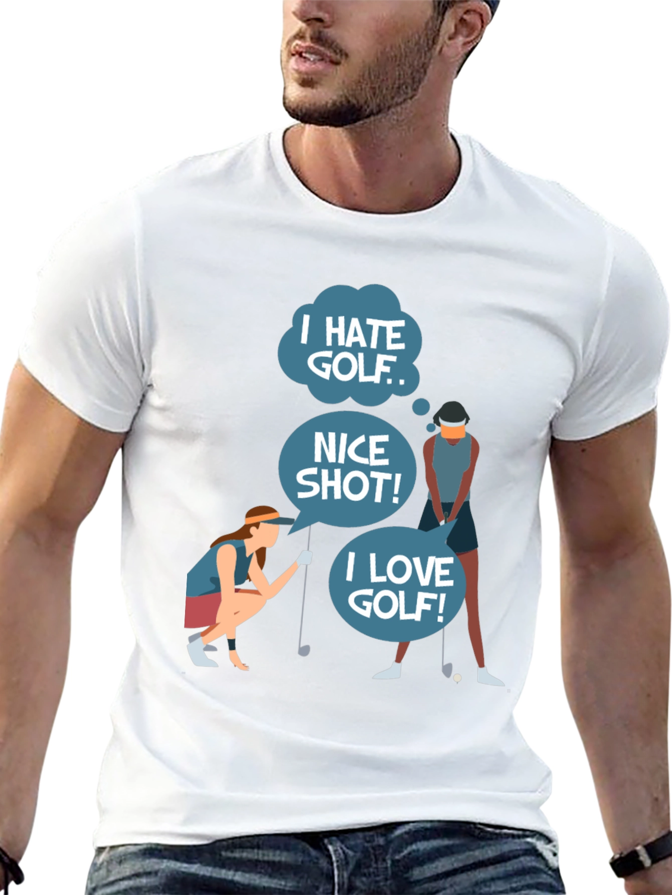 Black Golf Humor Tee: I Hate, Nice Shot, I Love Golf view 13