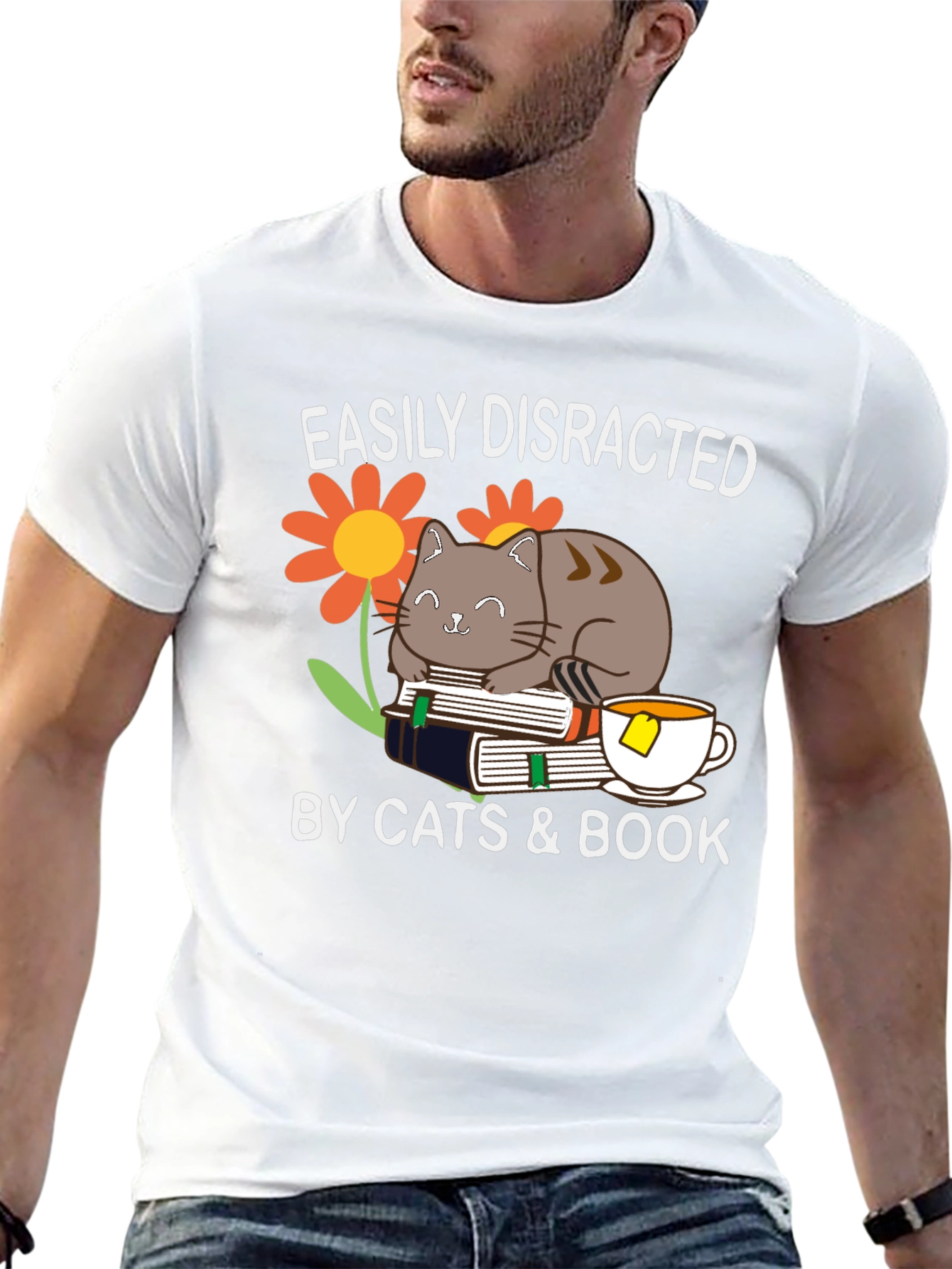 Black Easily Distracted By Cats & Books T-Shirt view 13