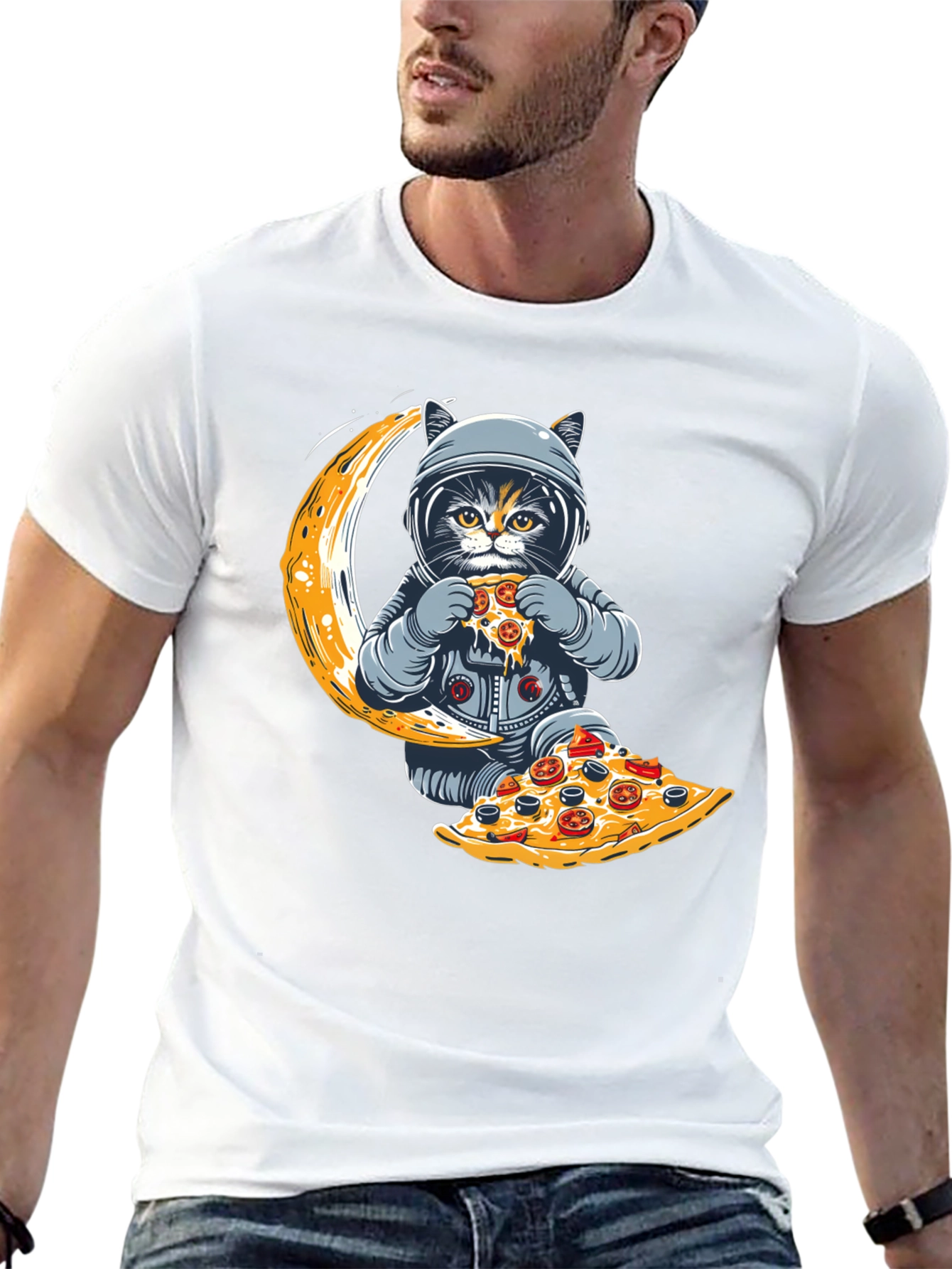 Black Astronaut Cat Pizza Moon T-Shirt view 13