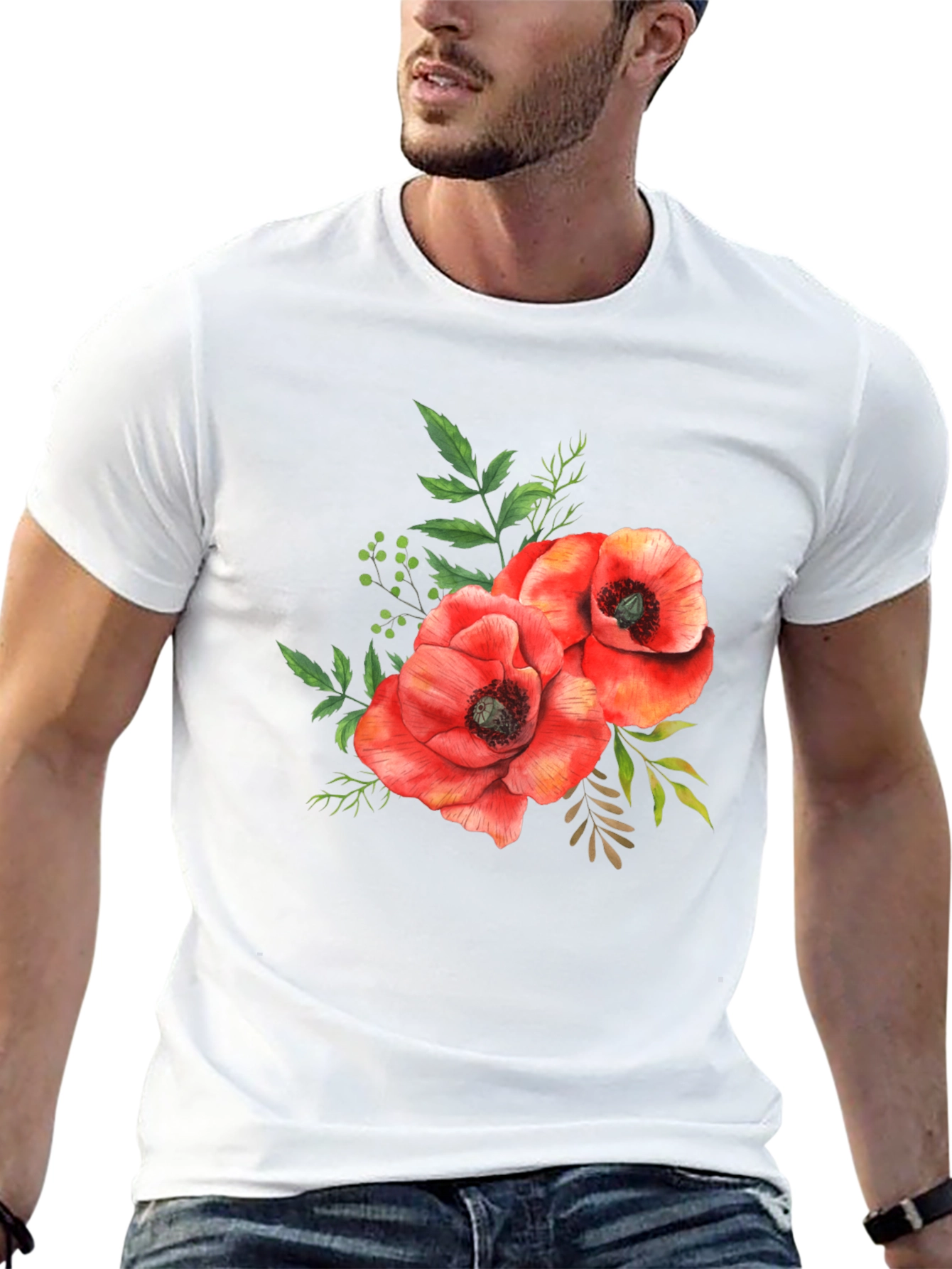 Black Floral Poppy T-Shirt - Black Cotton Tee view 13