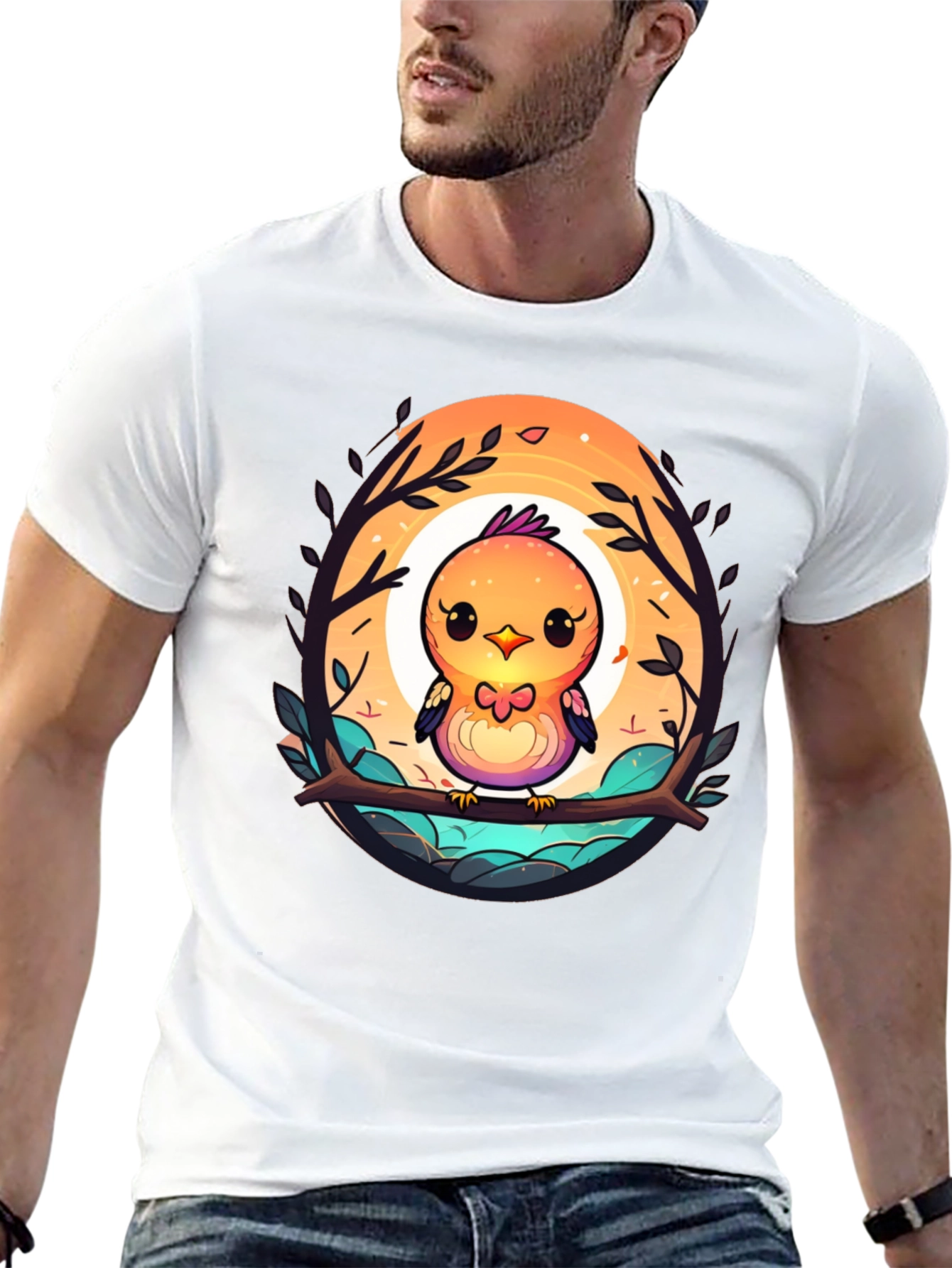 Black Cute Cartoon Bird T-Shirt - Unisex Black Tee view 13