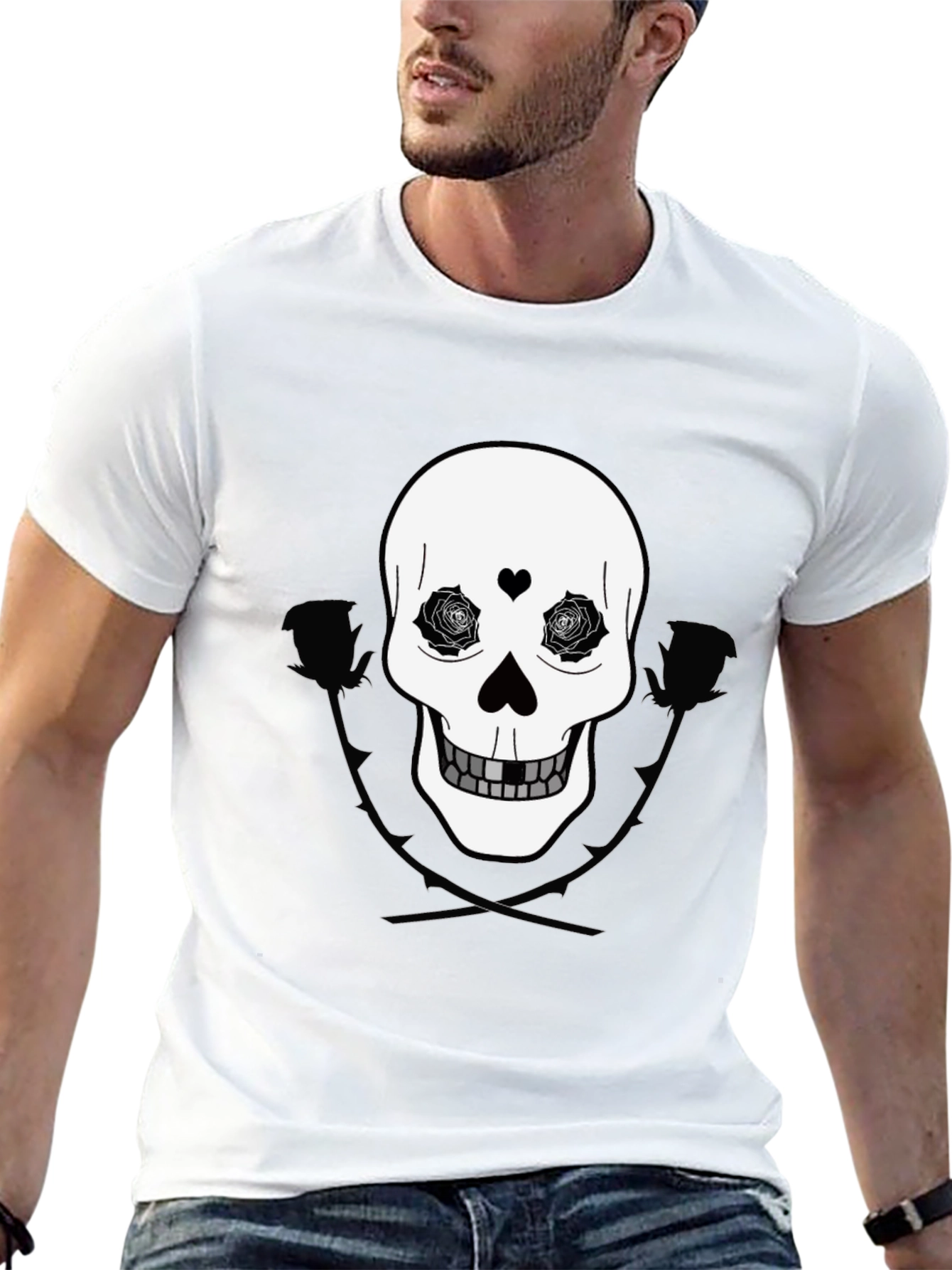 Black Skull & Roses Graphic Tee - Black Cotton Casual Wear view 13