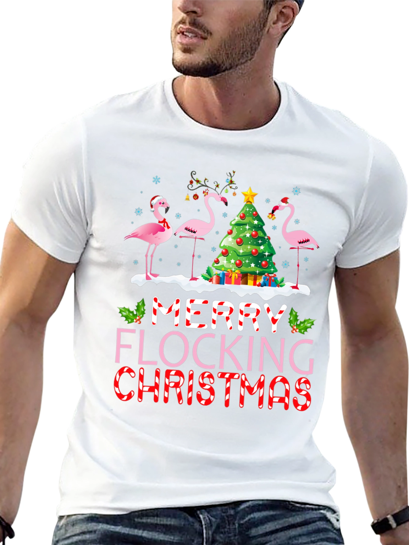 Black Merry Flocking Christmas Flamingo Holiday T-Shirt view 13